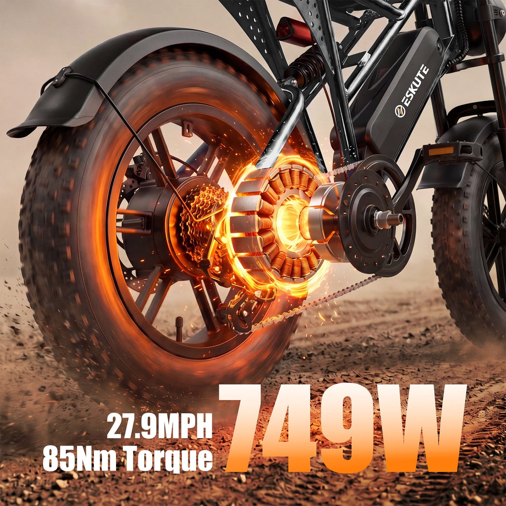 ESKUTE V100 Electric Bike for Teens Adults Students, 750W 28 Mph 48V 13 Ah,16x4.0 Fat Tire E Bicycle, 7-Speed Dual Suspension Mountain EBike Black, UL2849