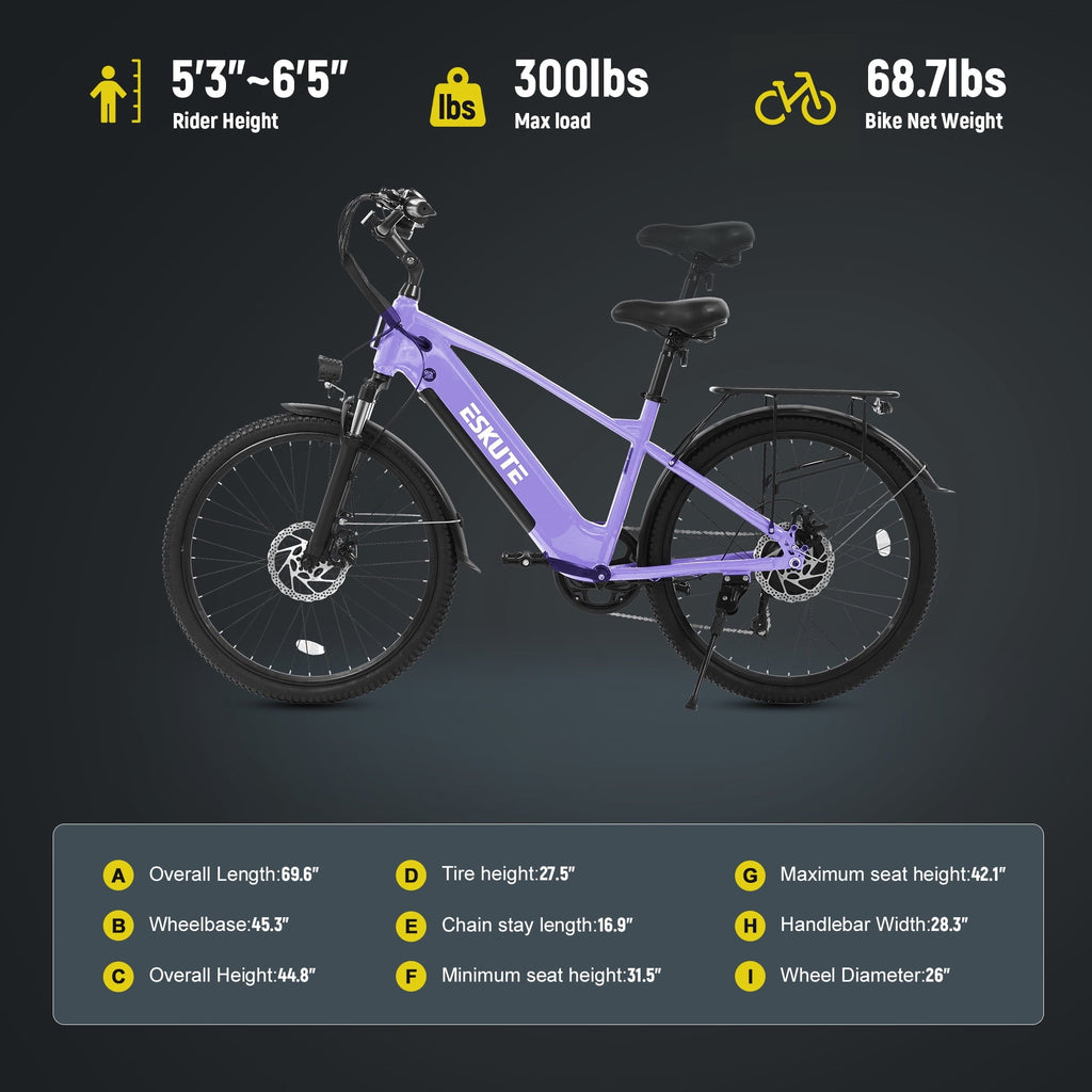 ESKUTE C200D 70-Mile Electric Bike for Adults, 840Wh Removable Battery, 1300W Peak Motor, Up to 28MPH, 26 Tires, 7-Speed Step-Over E-Bike White, UL2849