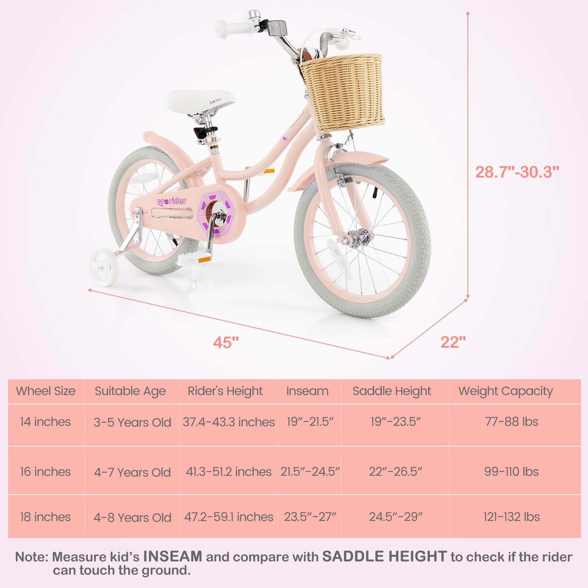 Costway 16 Kid's Bike with Training Wheels Adjustable Handlebar Seat Handbrake Pink