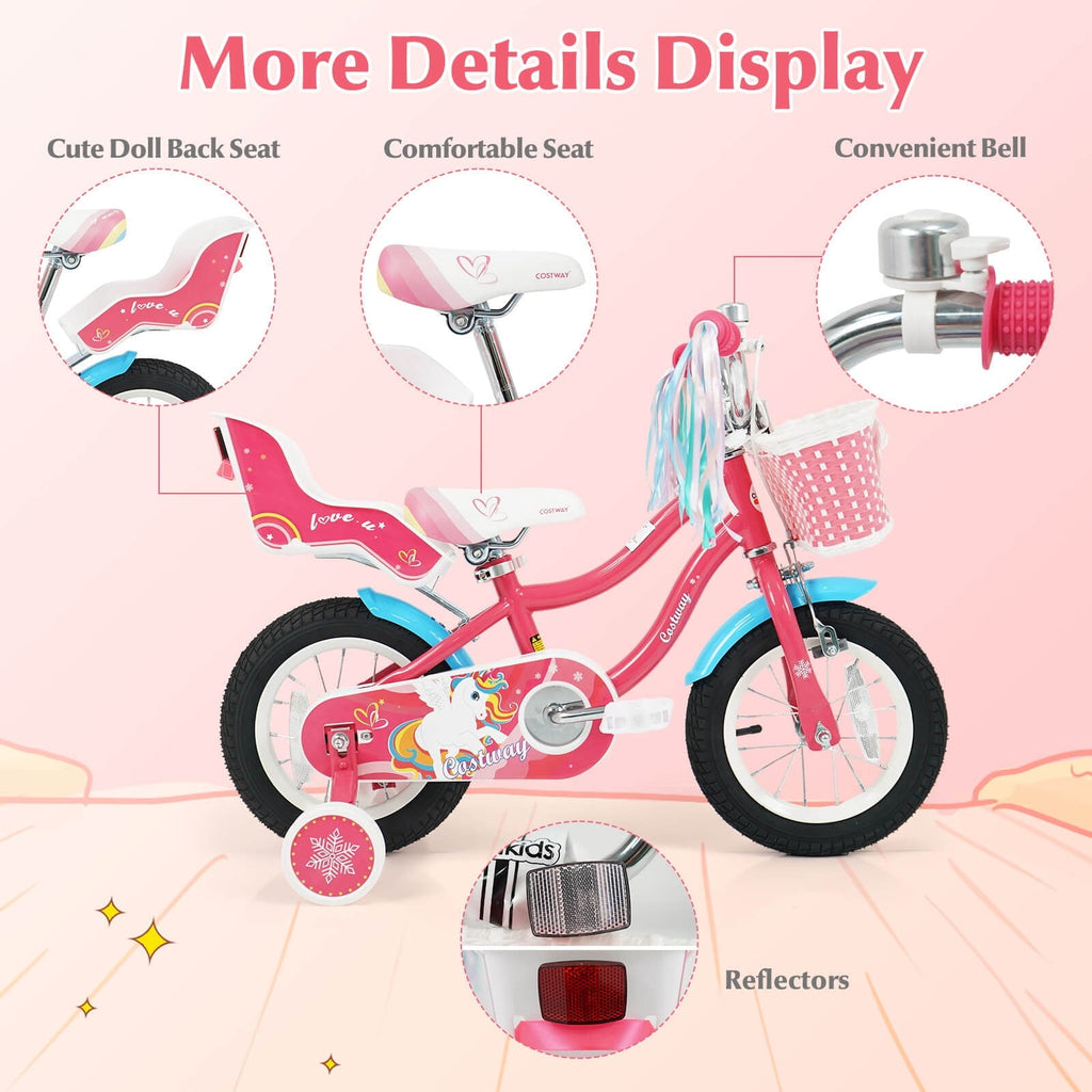 Costway 18 Inches Kids Bicycle with Training Wheels & Basket for Girls Age 4-8 Years Pink