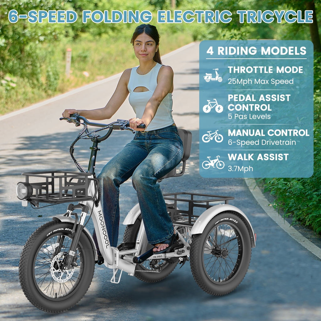 MOONCOOL TK Pro Foldable Electric Tricycle W/ Rearview mirror accessory Kit, 1500W Motor 48V 20Ah Battery, 20 Fat Tire Three Wheel 6-Speed Electric Mountain Bicycle for Adults