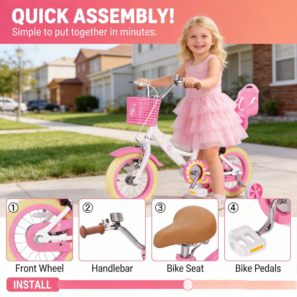 KORIMEFA Bikes for Girls 3-6 Years Old Toddlers, 12 inch Girls Bike with Training Wheels, Basket and Doll Seat, Children Bicycles with Handbrake, White