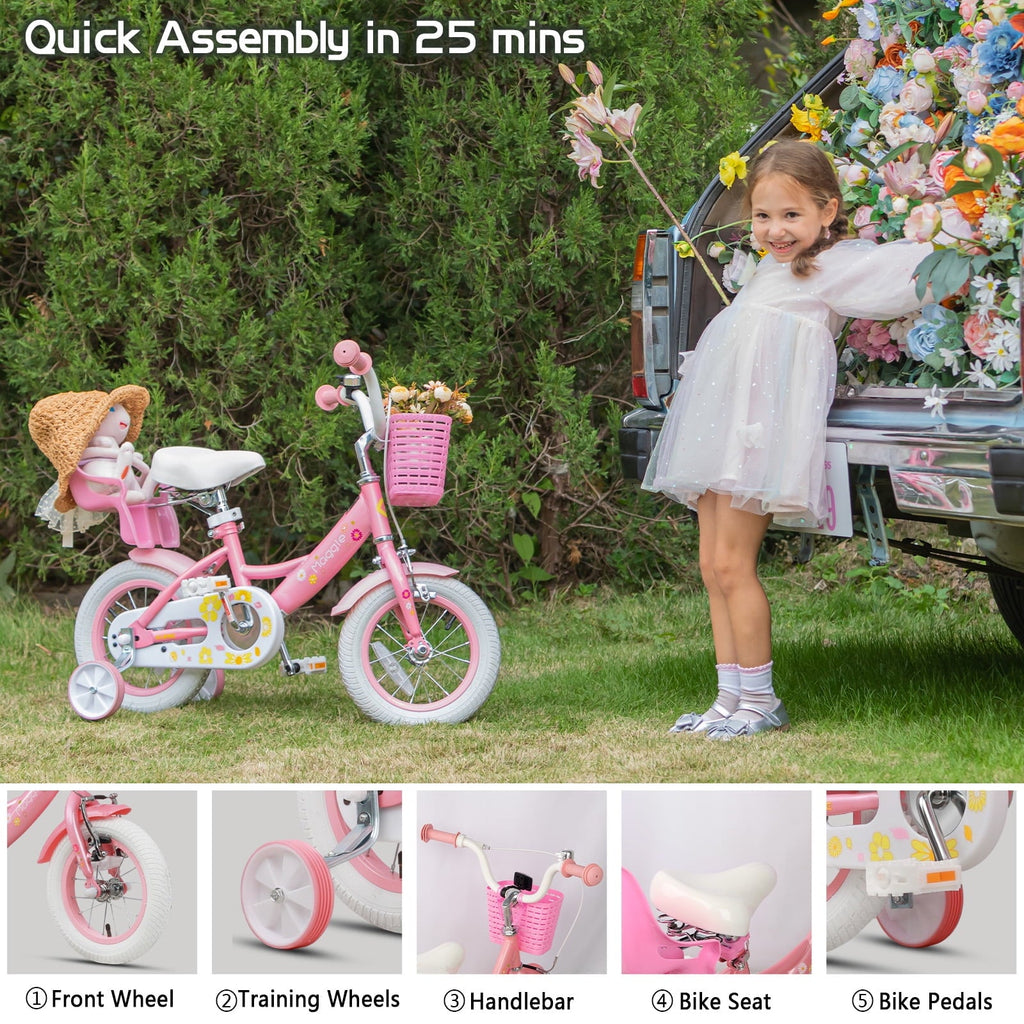Glerc Maggie 14 inch Kids Girls Bike for Ages 3-5 Years Old Children, Princess Style Kids Bicycle with Doll-Seat & Basket & Training Wheels, Pink