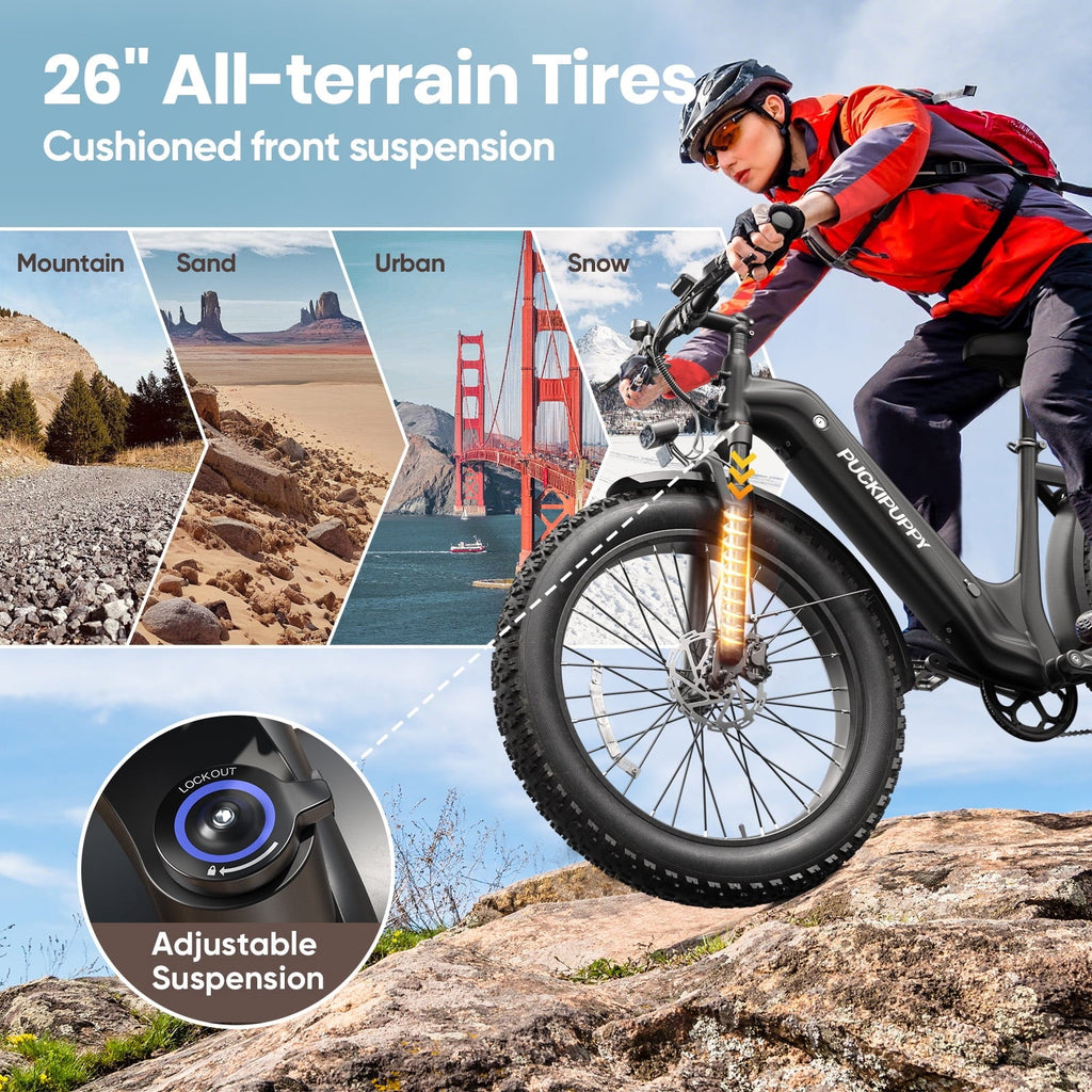 PUCKIPUPPY 960W Peak Electric Bike for Adults Step Through E-Bike 28mph Max Speed 60Miles Range 26 Fat Tire Electric Mountain Bike 48V 15AH Battery 7 Speed off-Road Ebike, Comply with UL2849 By SGS
