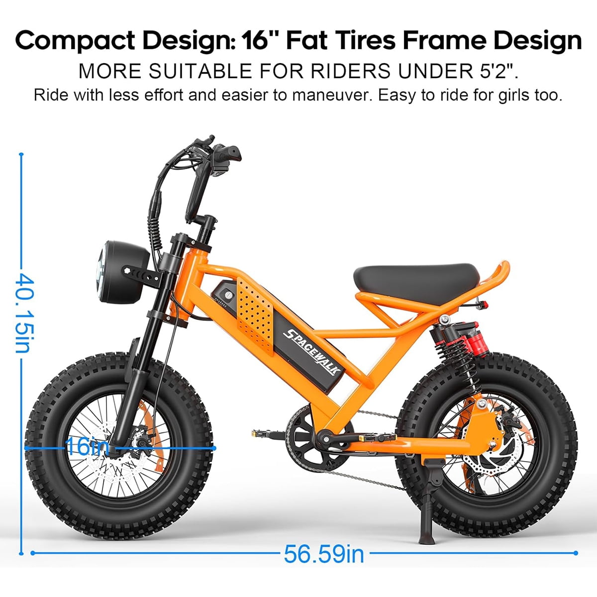 Spacewalk Small Electric Bike,16 Fat Tire Ebike,Compact Design,More Suitable for Riders Under 5'2, and Teenagers with 750W Motor, 21.7MPH with Removable 48V/15AH Battery,50-Miles Motorcycle