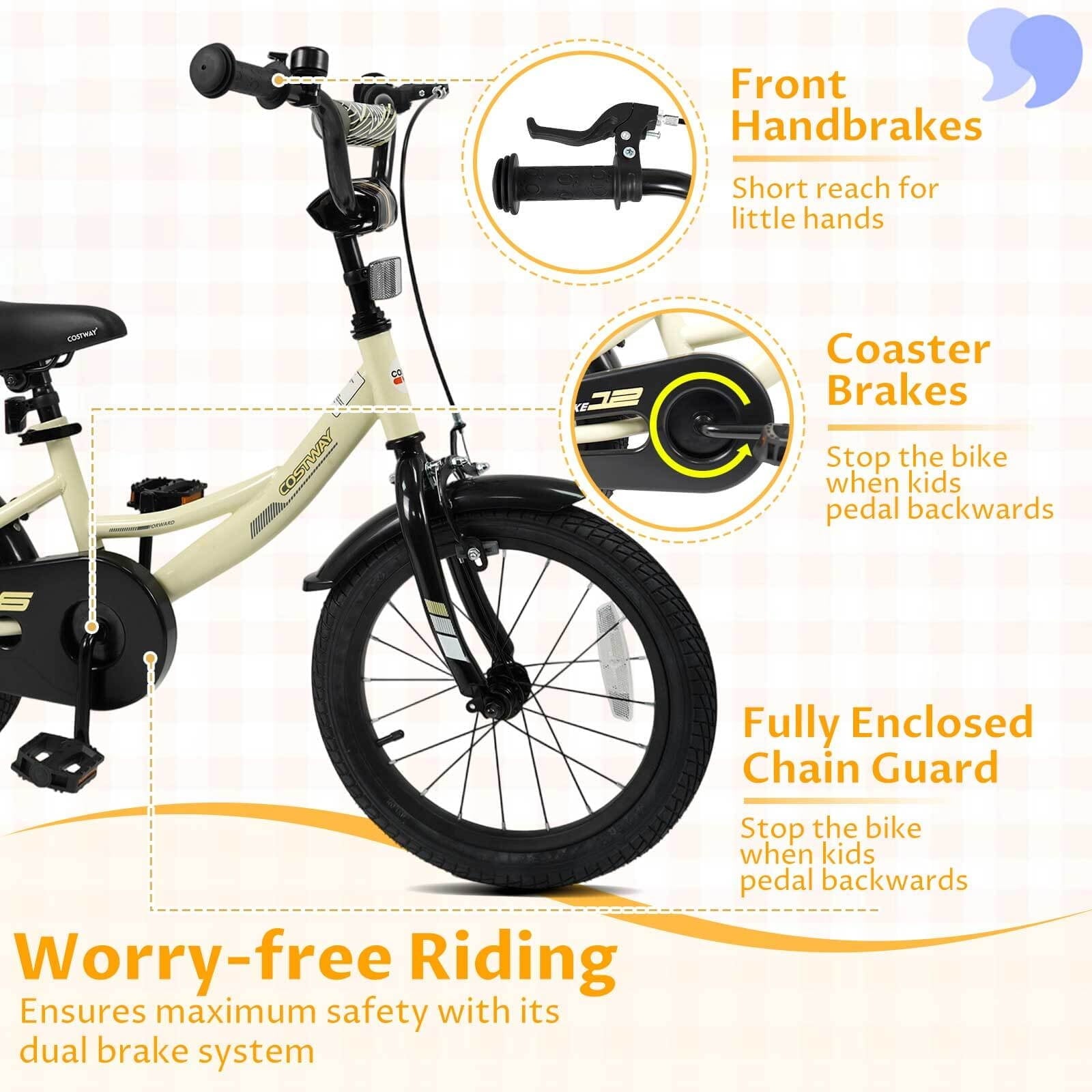 Costway 18 Inch Kids Bike with Training Wheels, Dual Brakes, Adjustable Seat & Handlebar Height Pink