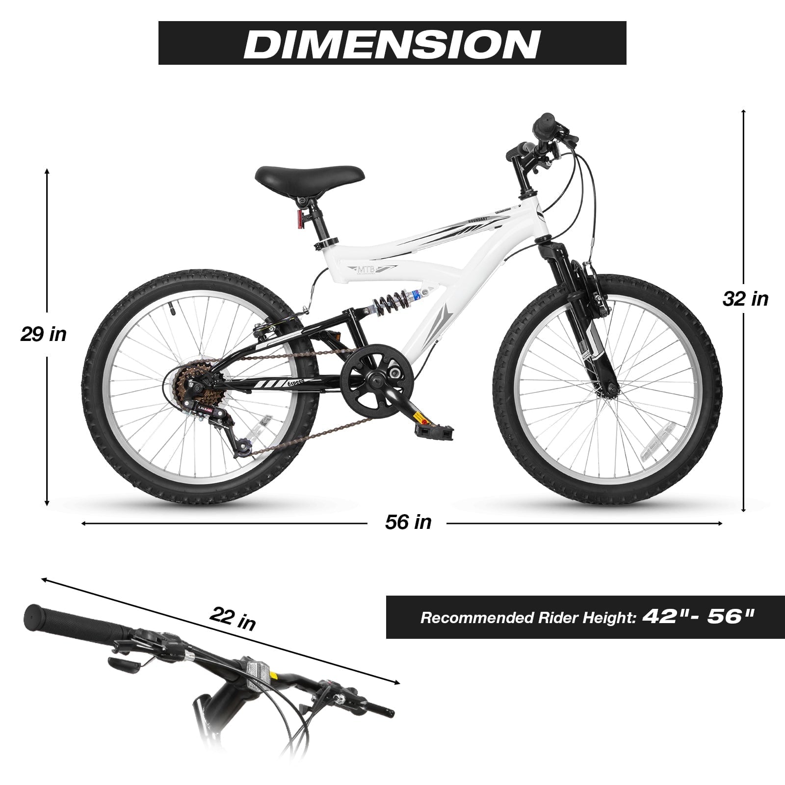 Hykolity Kids Mountain Bike 20 inch MTB Bicycle Age 6-12 Years Height 42-56 in Tween Cycling Full Suspension Sport Outdoor Bikes - Matte Black