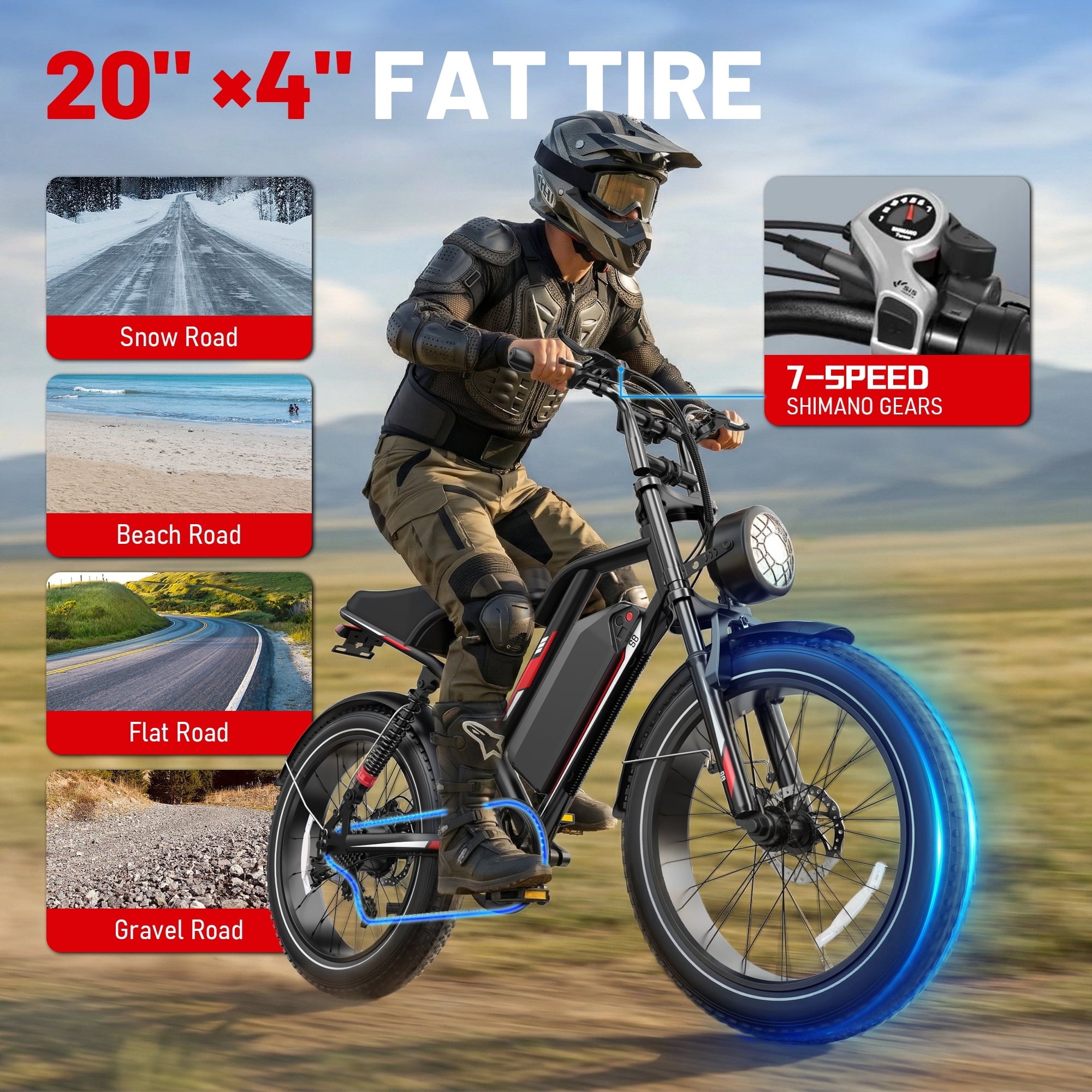 UL2849 Electric Bike for Adults - Peak 2000W Motor, 20x4 Fat Tire,48V/25AH, Full Suspension, 7-Speed
