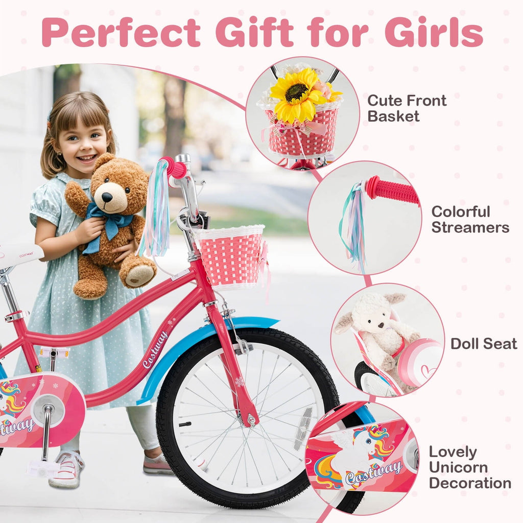 Costway 18 Inches Kids Bicycle with Training Wheels & Basket for Girls Age 4-8 Years Pink