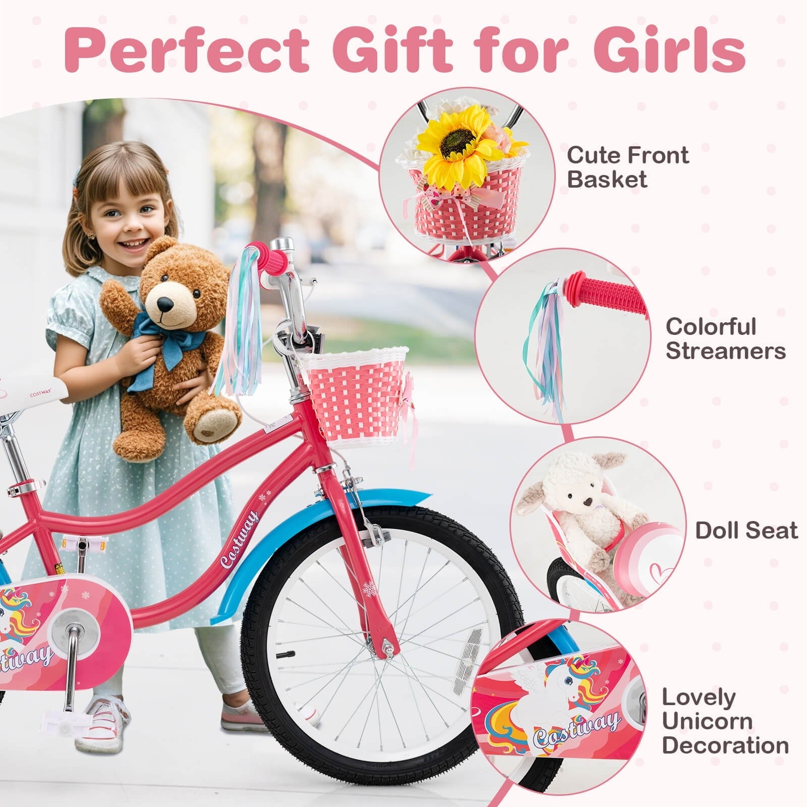 Costway 18 Inches Kids Bicycle with Training Wheels & Basket for Girls Age 4-8 Years Pink