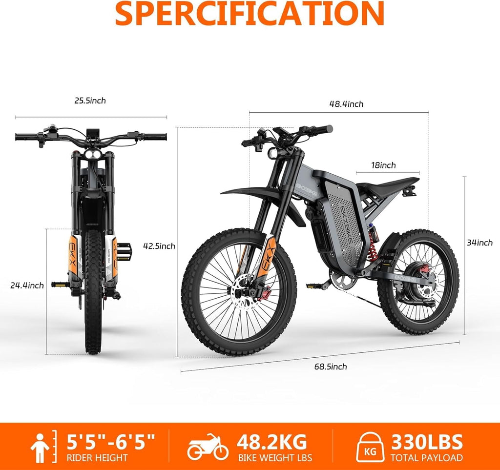 EKXBIKE Peak 6000W X21 Max Electric Bike for Adults,60V 30Ah Battery Off-Road E-Bike,50 MPH Electric Motorcycle,19x2 All Terrain Tires,Dual Suspension Mountain Ebike UL2849