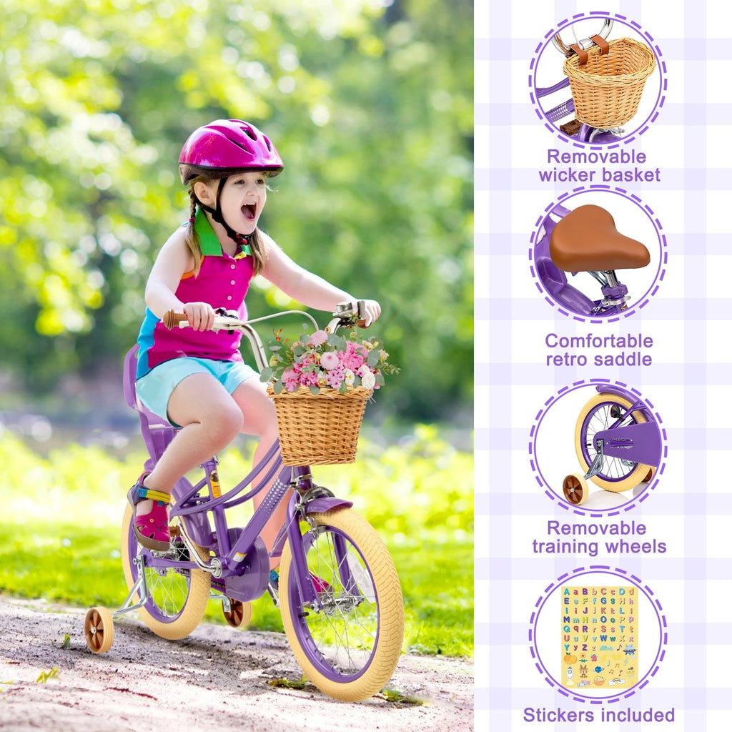 KORIMEFA Girl Bike for Toddlers and Kids Ages 3-6 Years Old, 12 inch Kids Bike with Training Wheels & Basket, 12 in Girl Bicycle with Handbrake & Kickstand