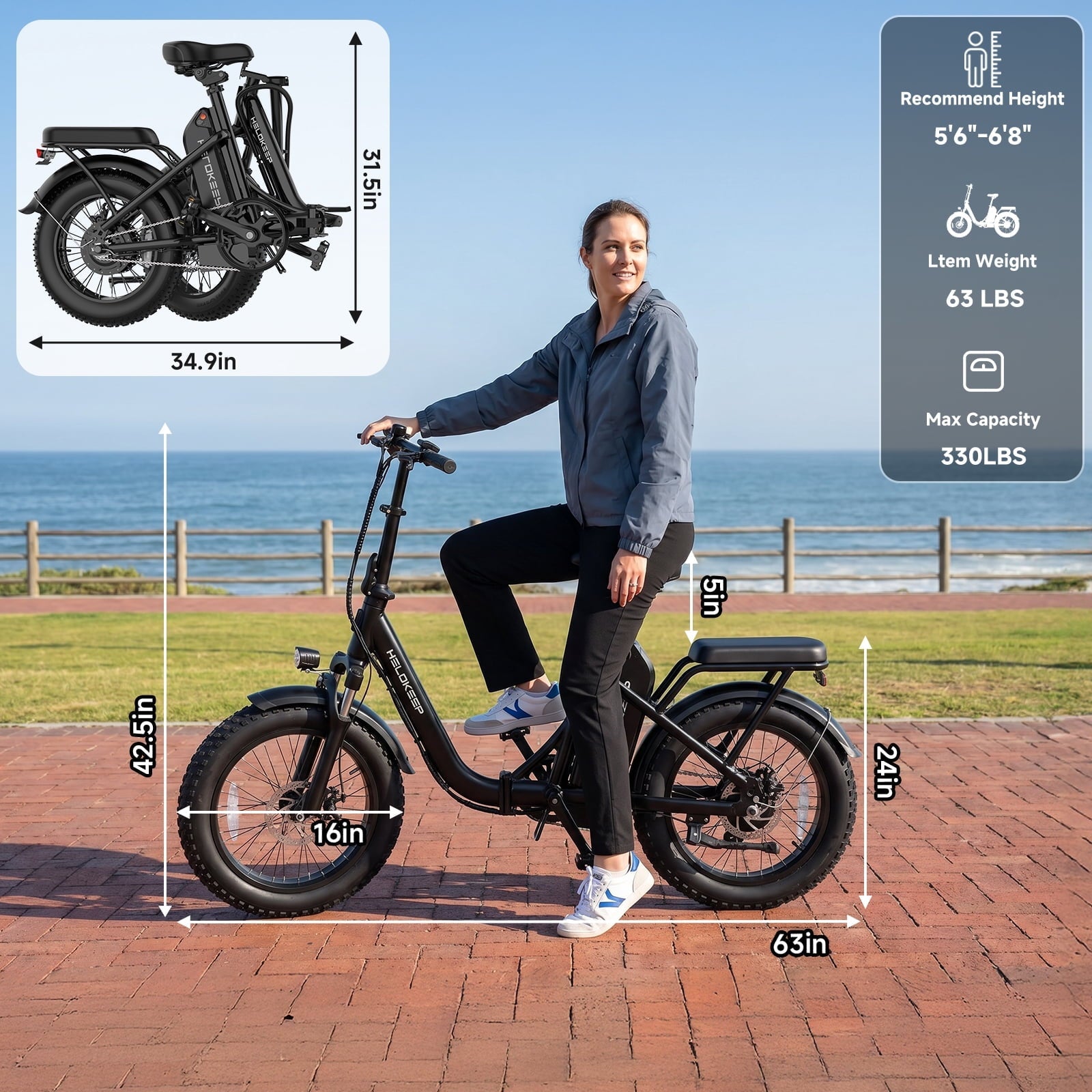 750W 1200W Folding Electric Bike for Adults, 48V 10Ah Removable Battery, 16 Fat Tire Ebike, Dual Disc Brakes & Front Suspension, UL 2849, Black