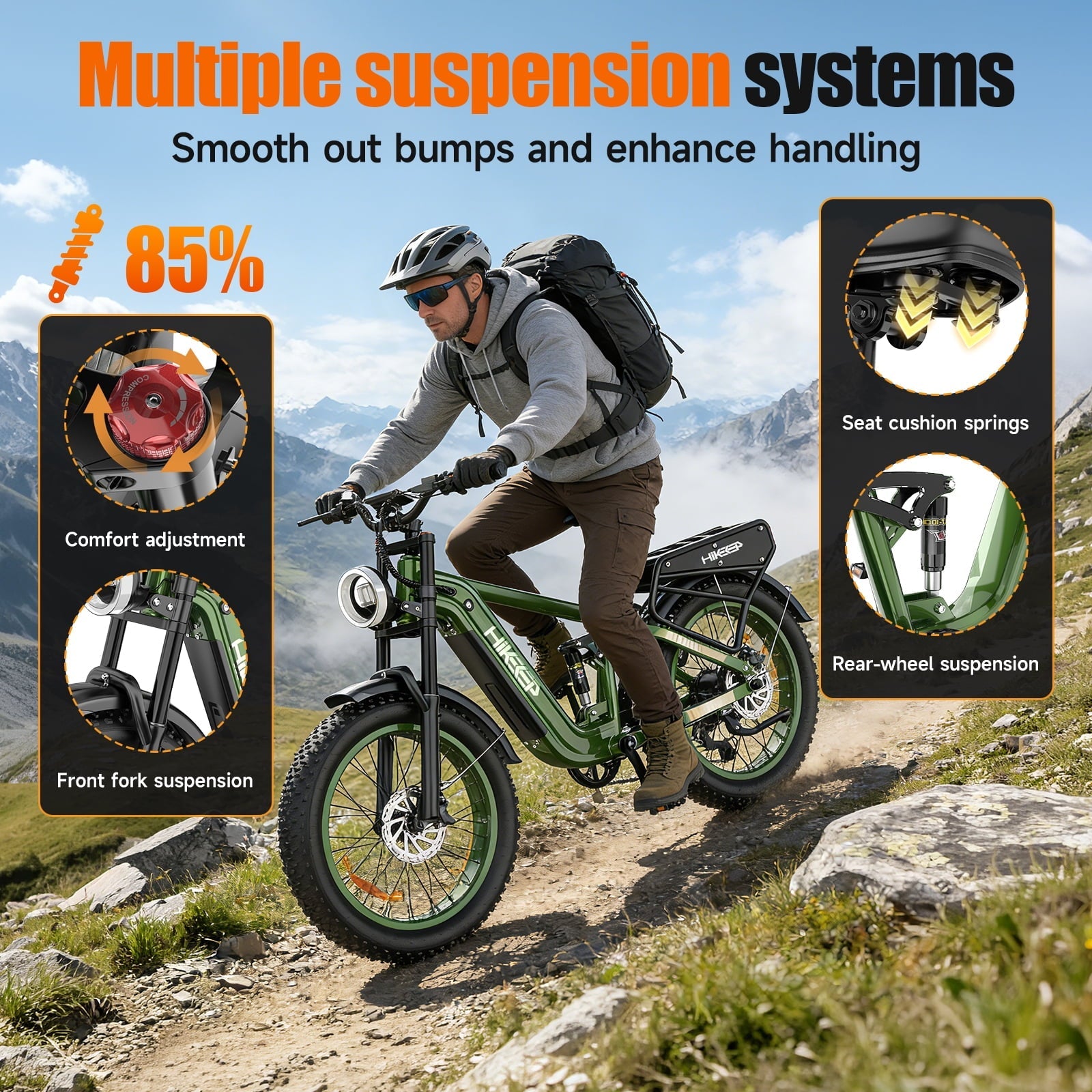 Electric Bike for Adults, 2000W 4000W Peak Motor, 48V 25Ah Removable Battery, 26x4.0 Fat Tire Ebike, 7-Speed Shimano, Front Fork & Linkage Suspension, Rear Rack, 40MPH, UL2849, Green