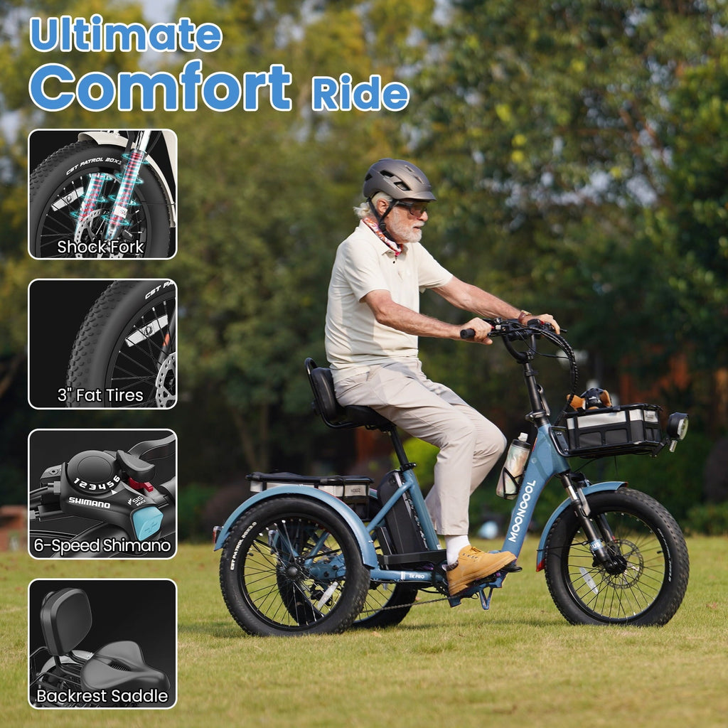 MOONCOOL TK Pro Foldable Electric Tricycle W/ Rearview mirror accessory Kit, 1500W Motor 48V 20Ah Battery, 20 Fat Tire Three Wheel 6-Speed Electric Mountain Bicycle for Adults
