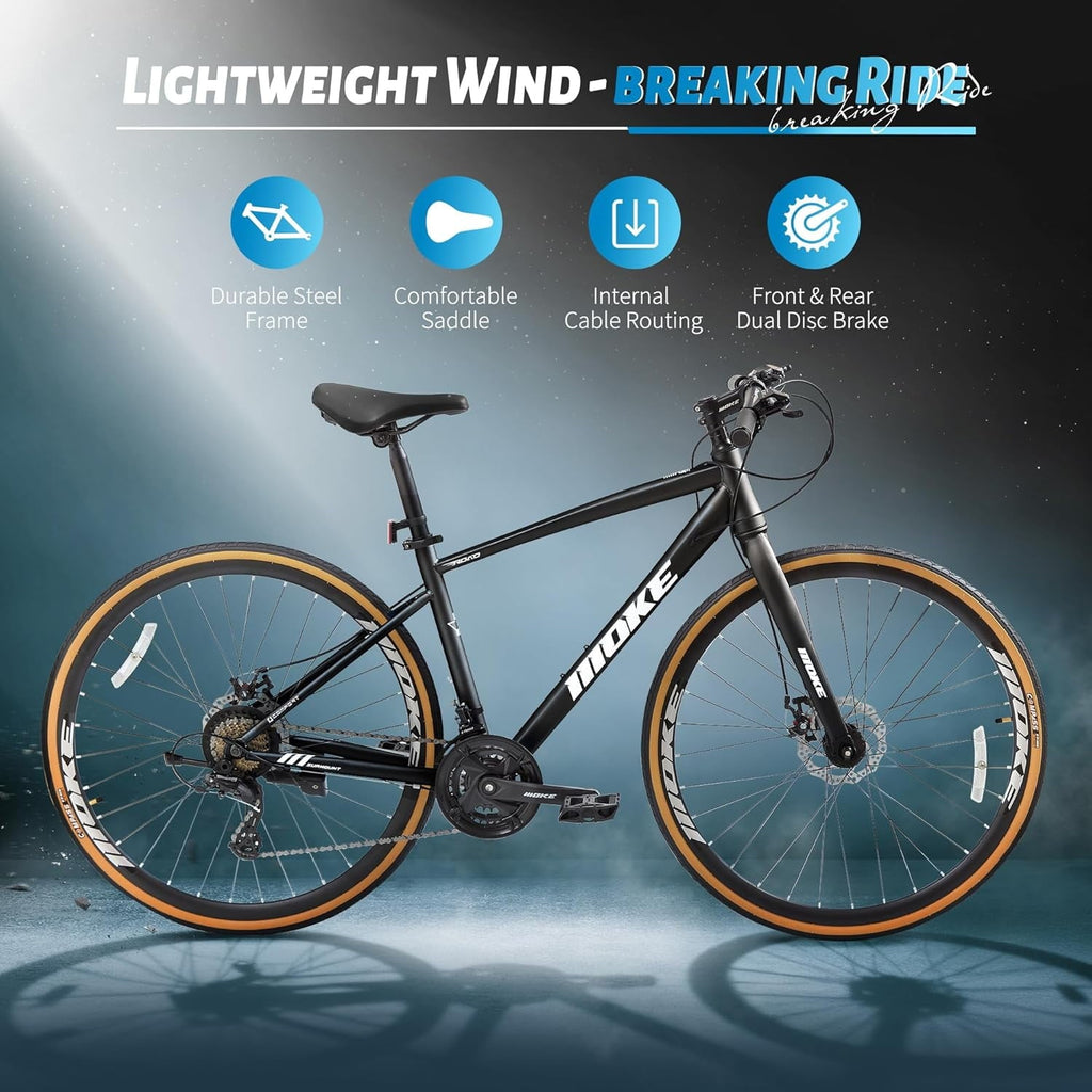 Mens Road Bike, NEORIVER 700C 24-Speed Hybrid Bike for Adults, Features Dual Disc Brakes, Trigger Shifting, Internal Wiring & Lightweight Frame for City Commuting