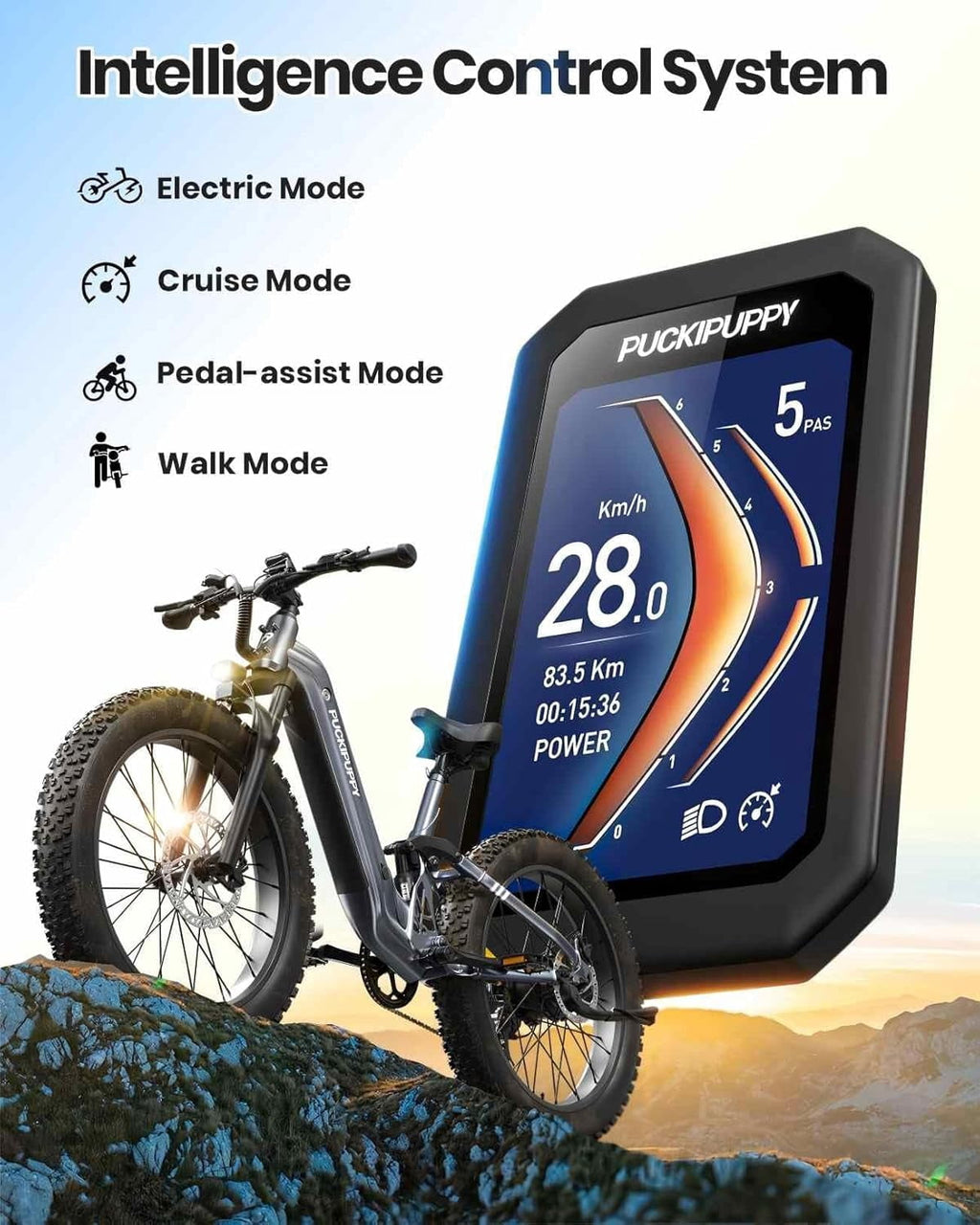 PUCKIPUPPY 26 Electric Bikes for Adults 960W Peak Step Through E-Bikes up to 80Miles Range 48V 20AH Battery Full Suspension Ebike 28 mph Max Speed Fat Tire E-Mountain Bike 7 Speed, UL2849 by SGS