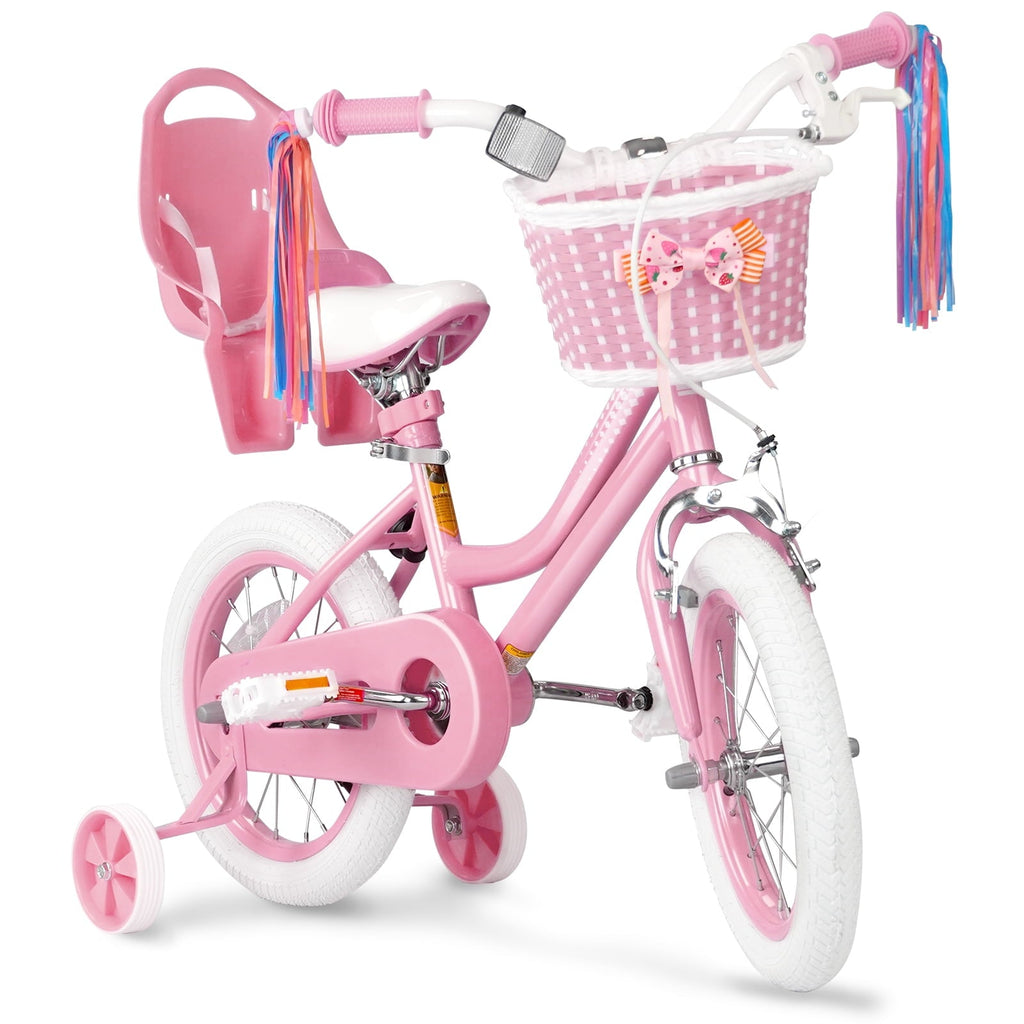 XJD Girls Bike for Toddlers 3-9 Years Old Kids, 16 Inch Kids Bike with Training Wheels, Streamers, Basket and Doll Seat, Children Bicycles with Handbrake