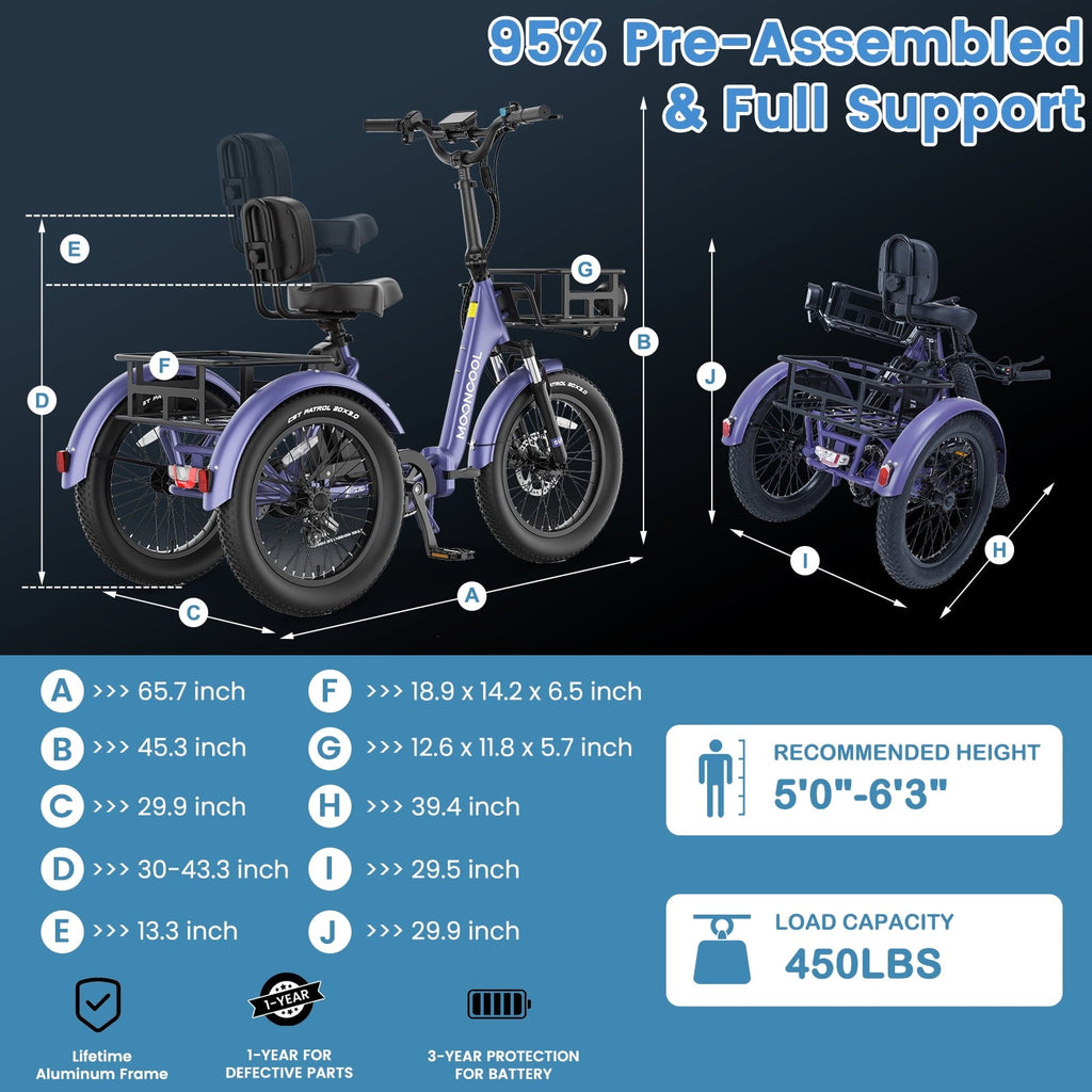 MOONCOOL TK Pro Foldable Electric Tricycle W/ Rearview mirror accessory Kit, 1500W Motor 48V 20Ah Battery, 20 Fat Tire Three Wheel 6-Speed Electric Mountain Bicycle for Adults