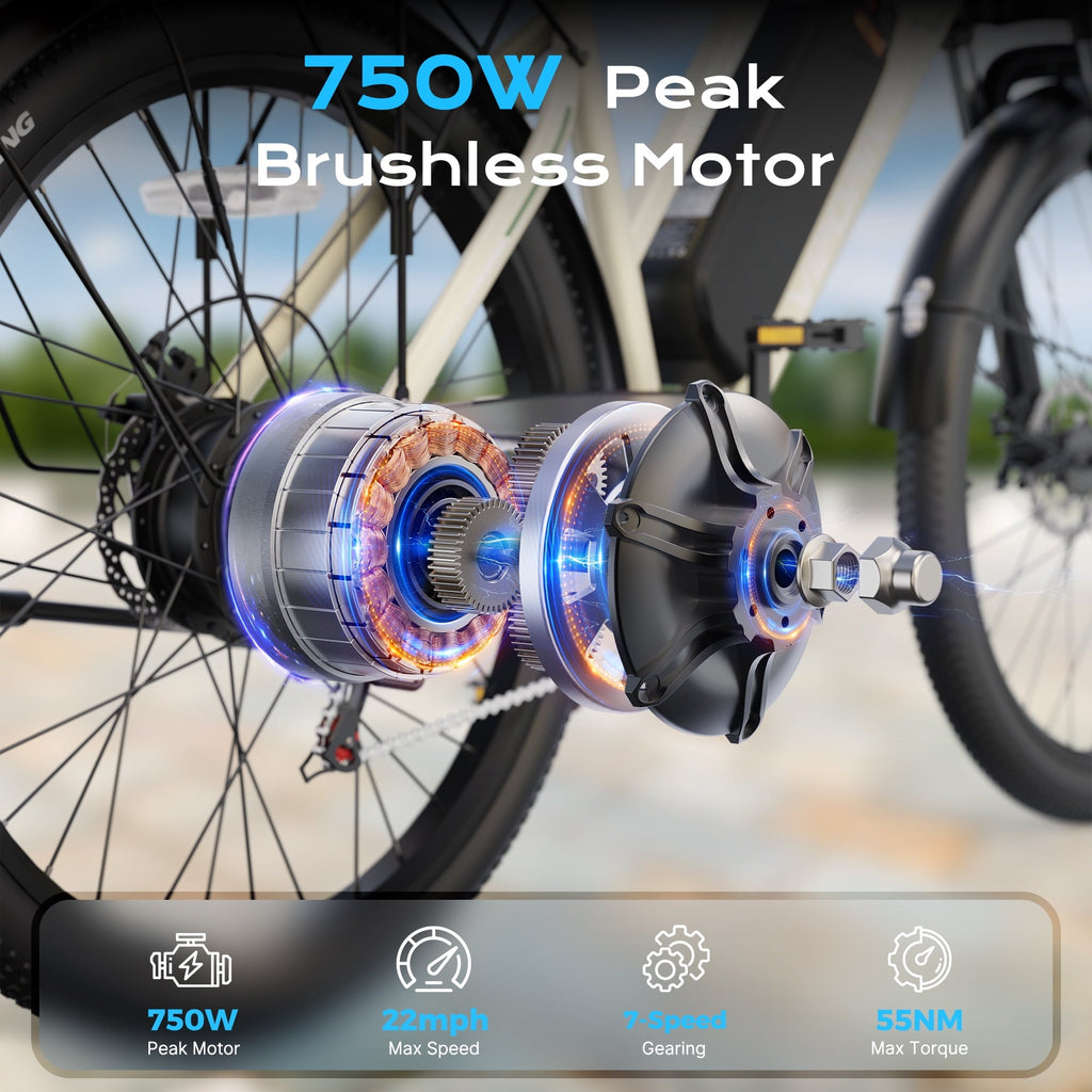 VIPDRIVE 26 Electric Bicycle for Adults & Women, Peak 750W Motor E-Bikes, 48V 7.8Ah Battery, 7-Speed, City Cruiser E-Bike, LCD Display, 50 Mi Range（UL2849）