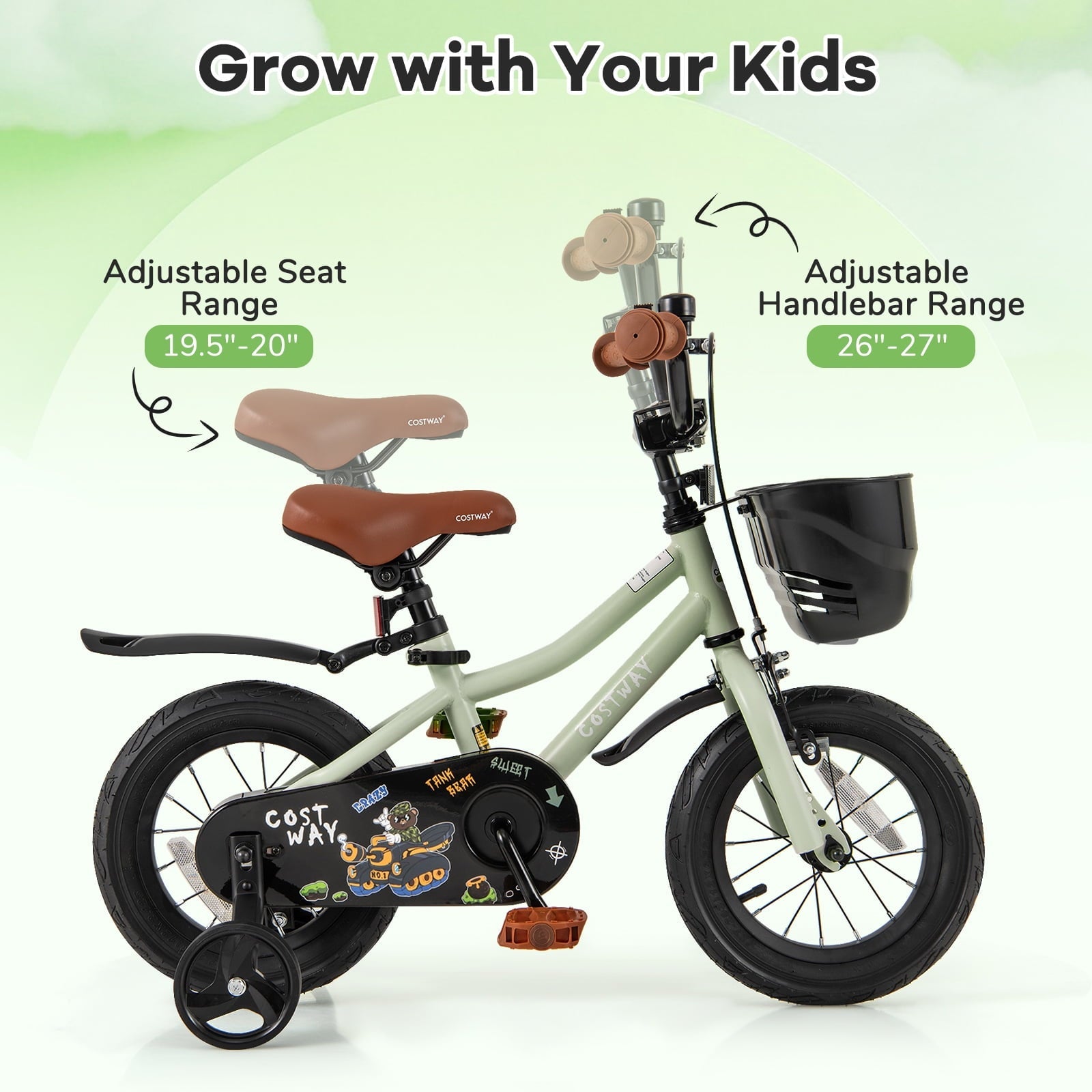 Costway 12 Kid's Bike with Training Wheels Adjustable Handlebar & Seat Handbrake Green