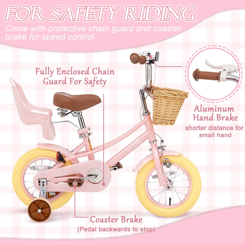 KORIMEFA Girl Bike for Toddlers and Kids Ages 3-6 Years Old, 12 inch Kids Bike with Training Wheels & Basket, 12 in Girl Bicycle with Handbrake & Kickstand