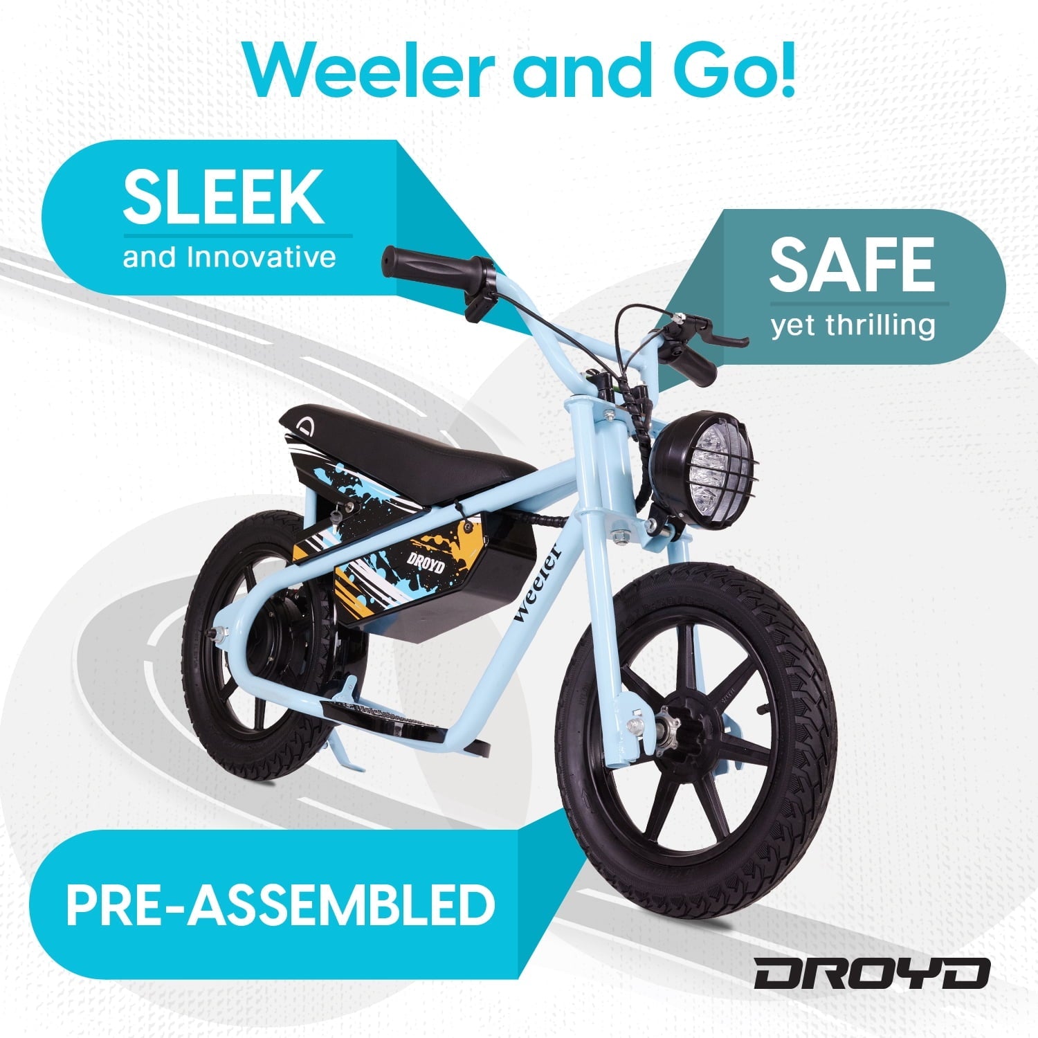 Droyd Weeler Electric Mini Bike - 24V 8Ah Battery, 6-10 MPH, Up to 8 Miles, LED Lights, Kids Ages 6+ - Blue