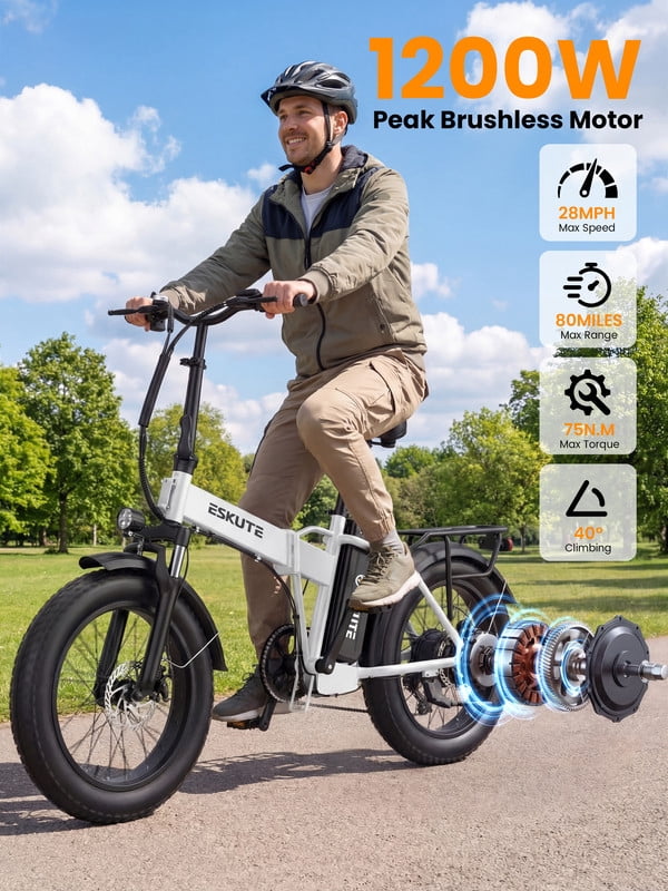 ESKUTE D300 Electric Bike for Adults, Folding Ebike with 1200W Peak Motor 28MPH, 48V 20.8Ah Removable Battery, 20x4.0 Fat Tires, 80 Miles 7-Speed Gear, NFC Unlock,Black, UL2849