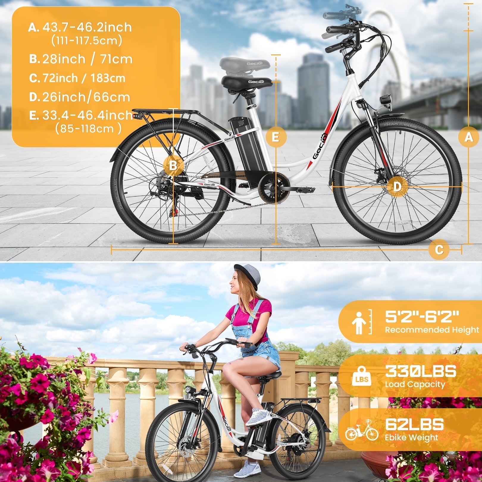 Gocio 26 Electric Bike for Adults, 750W Peak Motor Commuter E-Bike, 48V 7.8Ah Battery, 7-Speed, UL2849