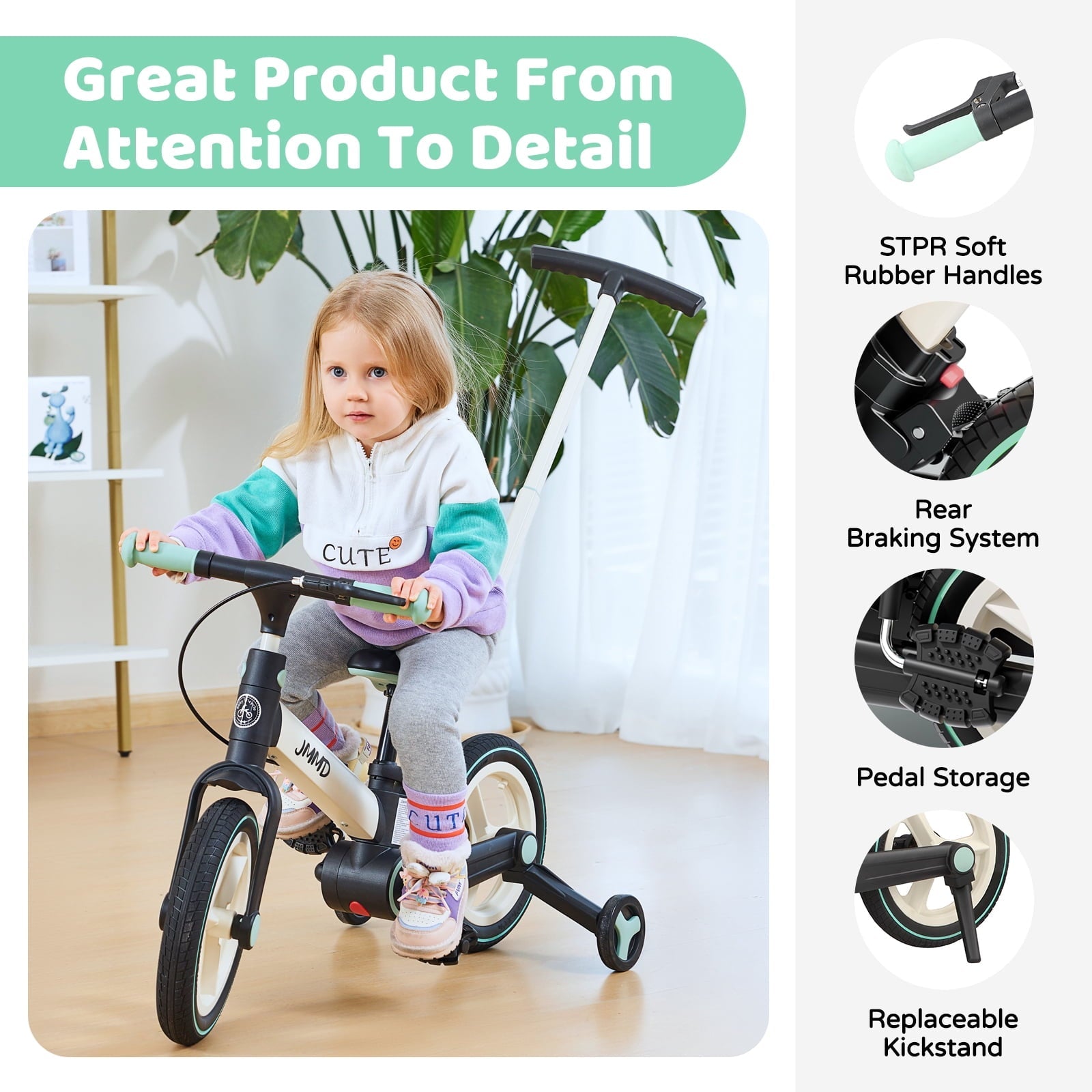 JMMD Toddler Bike with Push Handle for Kid 18-60 Months, 6 in 1 Foldable Tricycle with Training Wheel, Pedals, Kid Balance Bike for Boy & Girl, Black