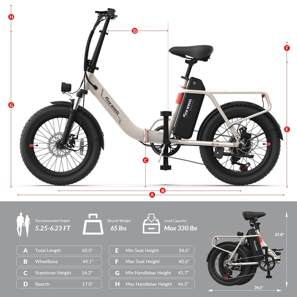 5TH WHEEL W11B 20 Fat Tire Electric Bike, 500W Foldable Adult E-bike with 48V 15.6Ah Removable Battery, Electric Bicycle with 7 Speed, UL2849, White