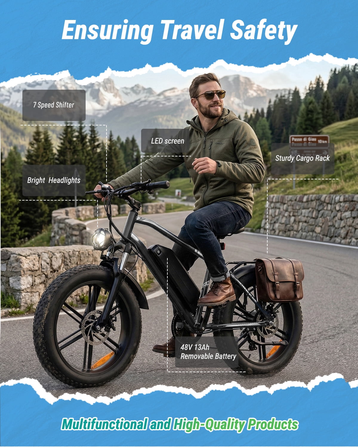 VTOKW Electric Bike, Peak 1000W Electric Bicycles for Adults, 20X4.0 Fat Tire Ebike, 48V/13AH Battery, 25MPH E-Mountain Bike for Cycling & Off-Road, 7-Speed Front Suspension Ebike for Adults UL2849