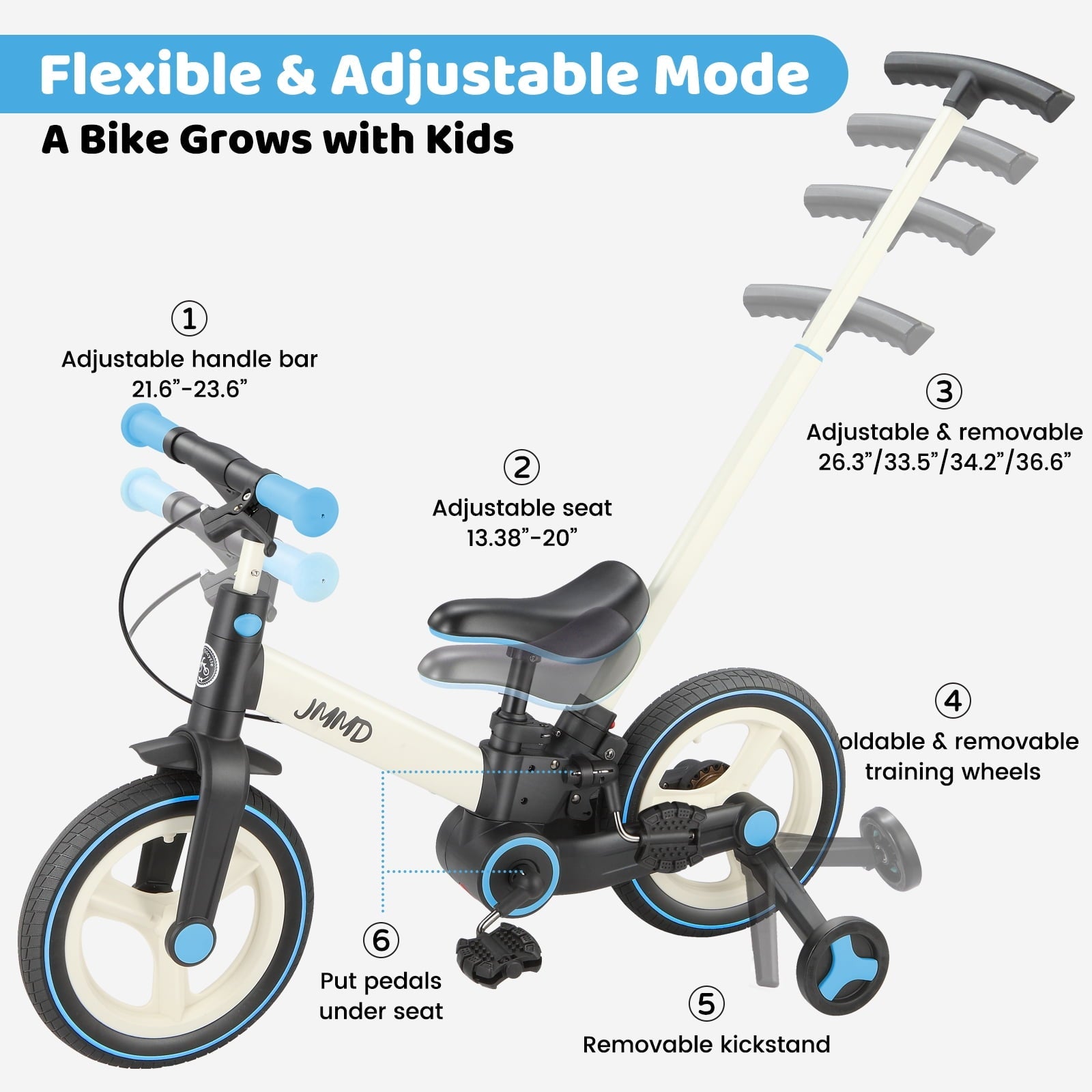JMMD Toddler Bike with Push Handle for Kid 18-60 Months, 6 in 1 Foldable Tricycle with Training Wheel, Pedals, Kid Balance Bike for Boy & Girl, Black