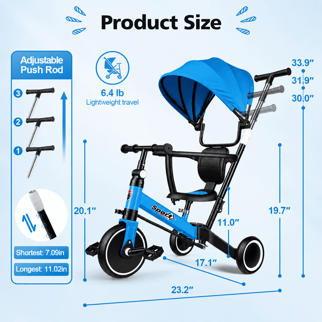 WLRETMCI 7 in 1 Toddler Bike, Tricycle for Toddlers 1-5 Year Old with UV Canopy, Balance Bike with Parental Control Handle, Adjustable Seat Height, Removable Pedal, Backrest (Pink)