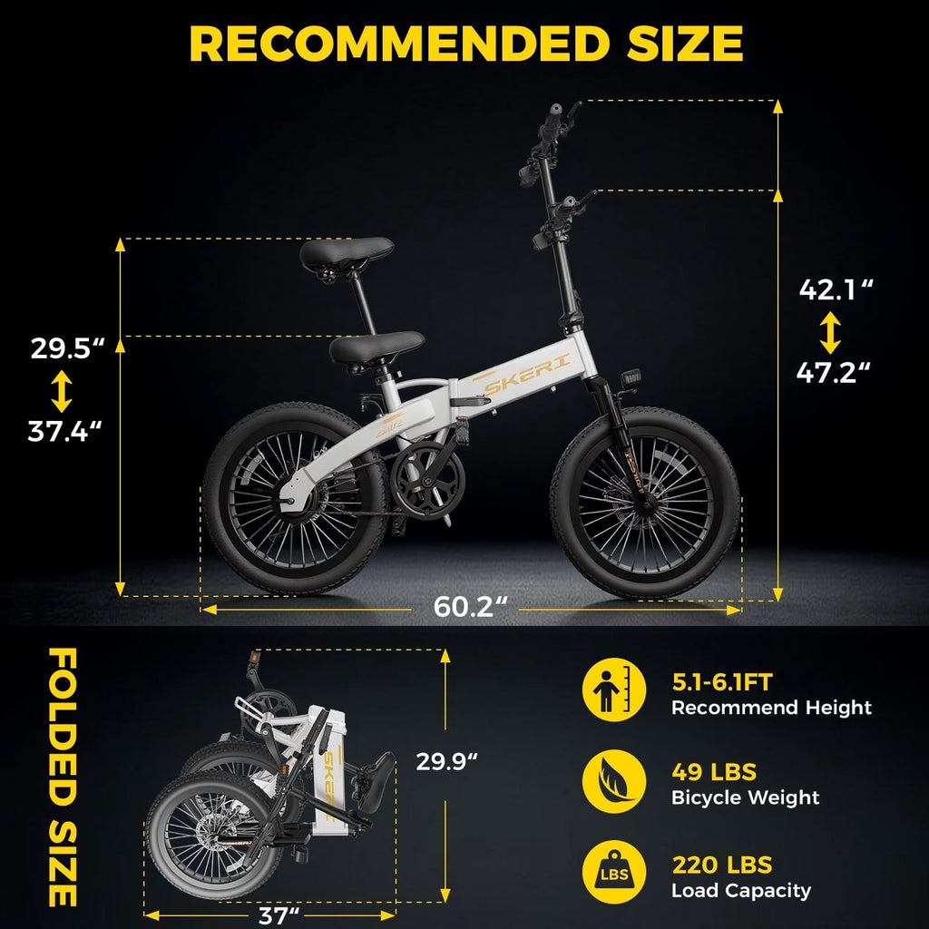 Skeri 20 Folding Electric Bicycle for Adults - 27MPH Max (Pedal-Assist), City Commuting, 48V Battery, 500W Peak, Aluminum Alloy Frame 49LBS, Adjustable Seat with LCD Display