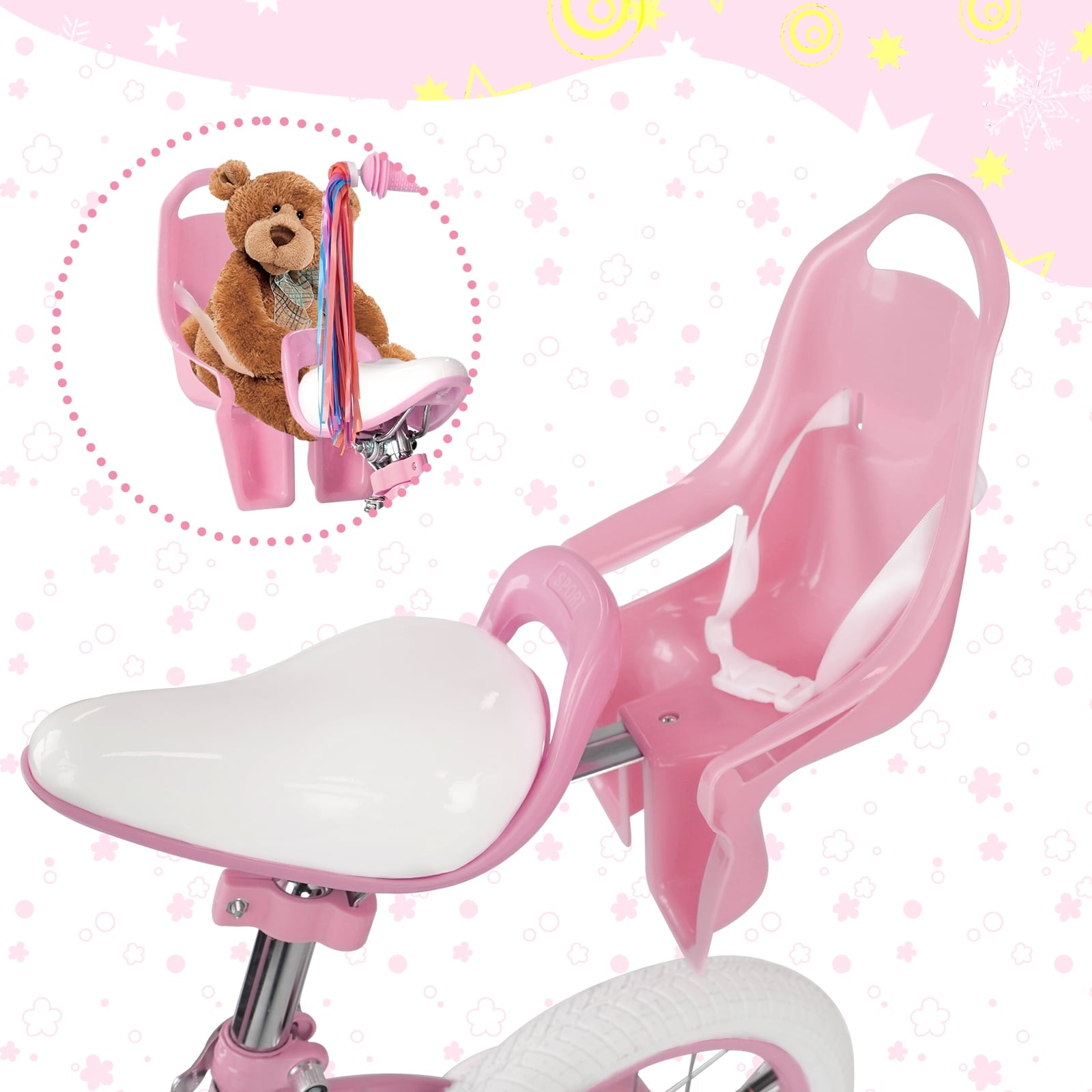XJD Girls Bike for Toddlers 3-9 Years Old Kids, 16 Inch Kids Bike with Training Wheels, Streamers, Basket and Doll Seat, Children Bicycles with Handbrake
