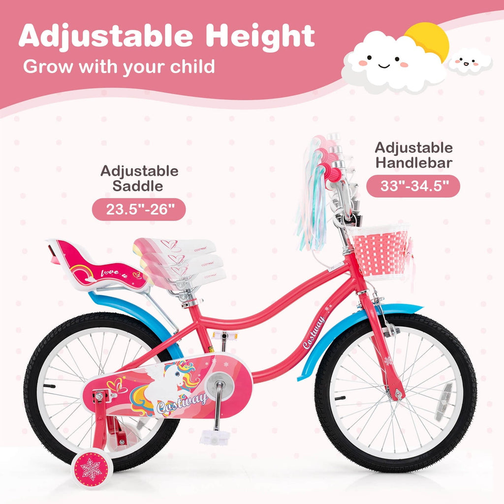 Costway 18 Inches Kids Bicycle with Training Wheels & Basket for Girls Age 4-8 Years Pink
