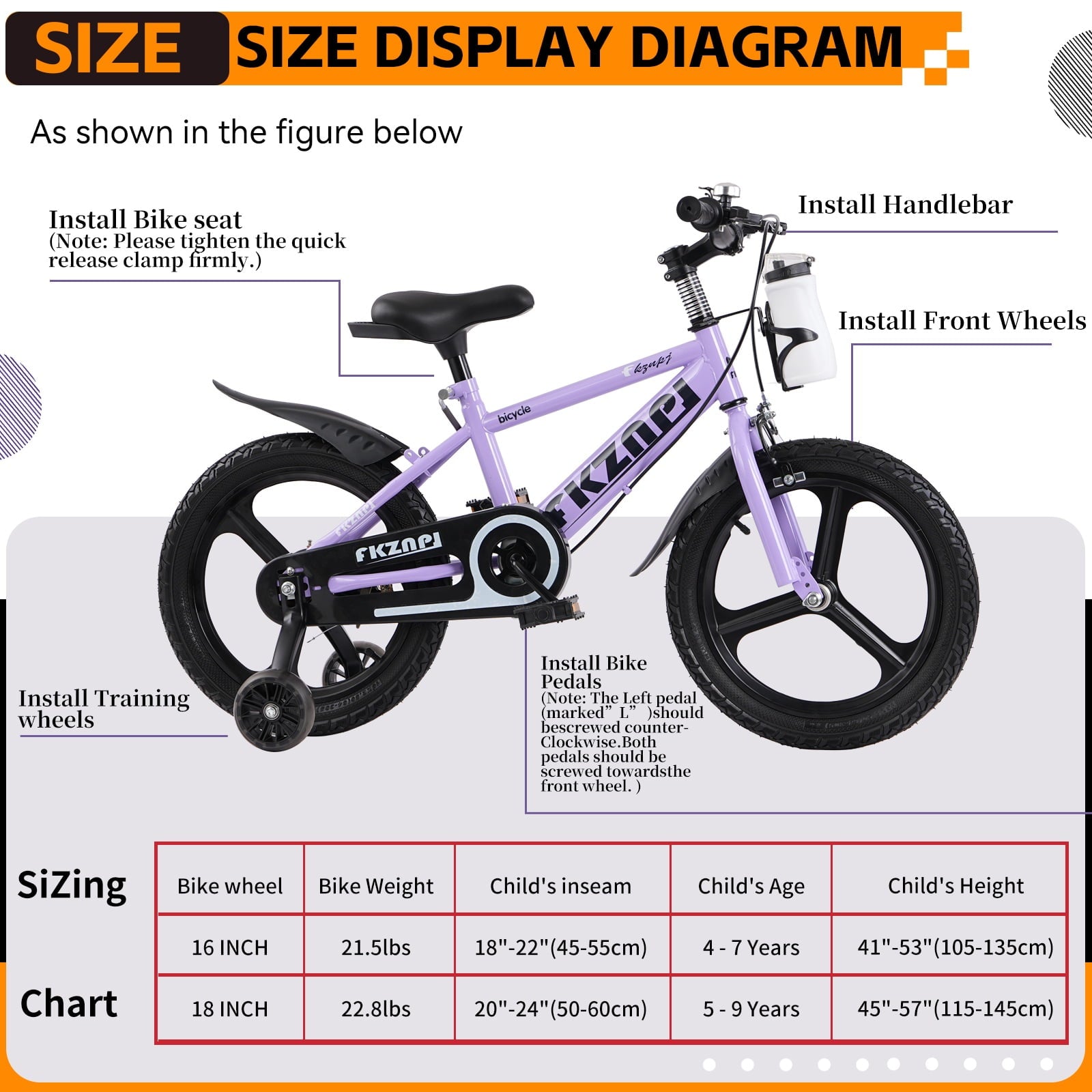 Holaki 18 inch Kids Bike with Training Wheels & Handbrake for Boys & Girls Ages 5-9, High Carbon Steel Frame Adjustable Seat Kids Bicycle with Kettle Stand & Night Glow for Birthday Gift, Purple