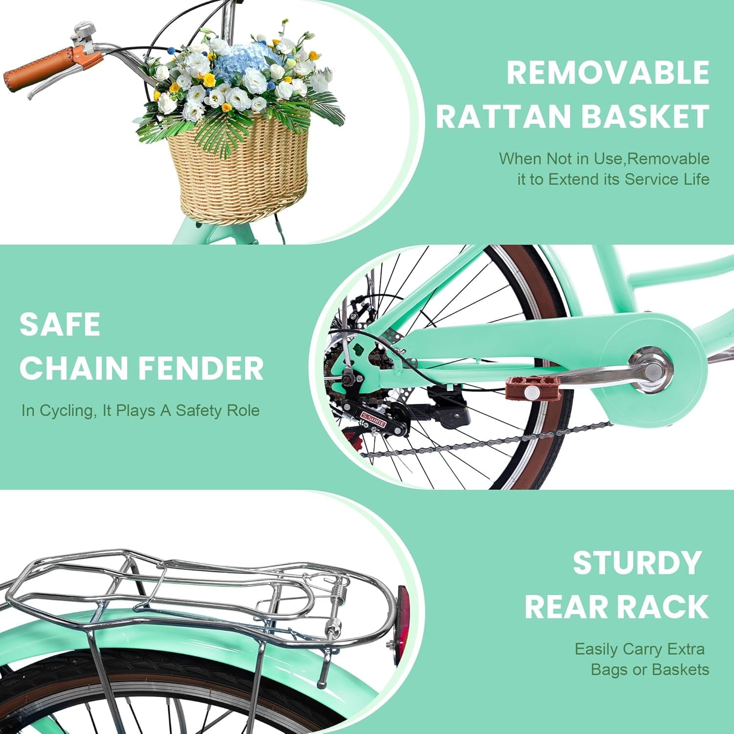 24 Beach Cruisers for Women, Pipleo Bikes for Women with Rattan Basket, 7-Speed & Step-Through Frame
