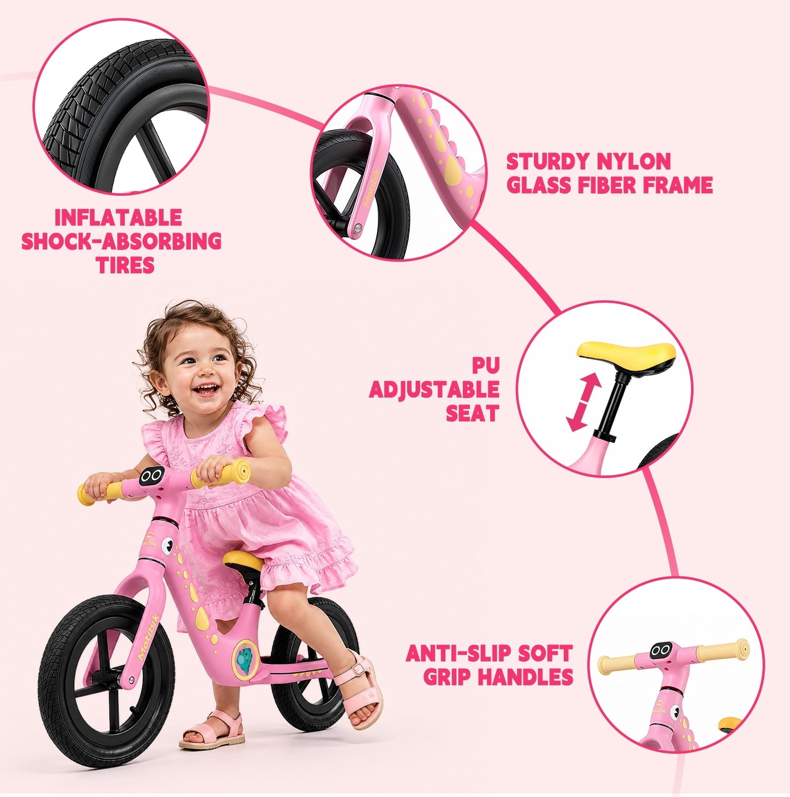 WLRETMCI 12 Kids Balance Bike, Glass Fiber Lightweight Toddler Bicycle for 2-5 Years Boys Girls, Pink