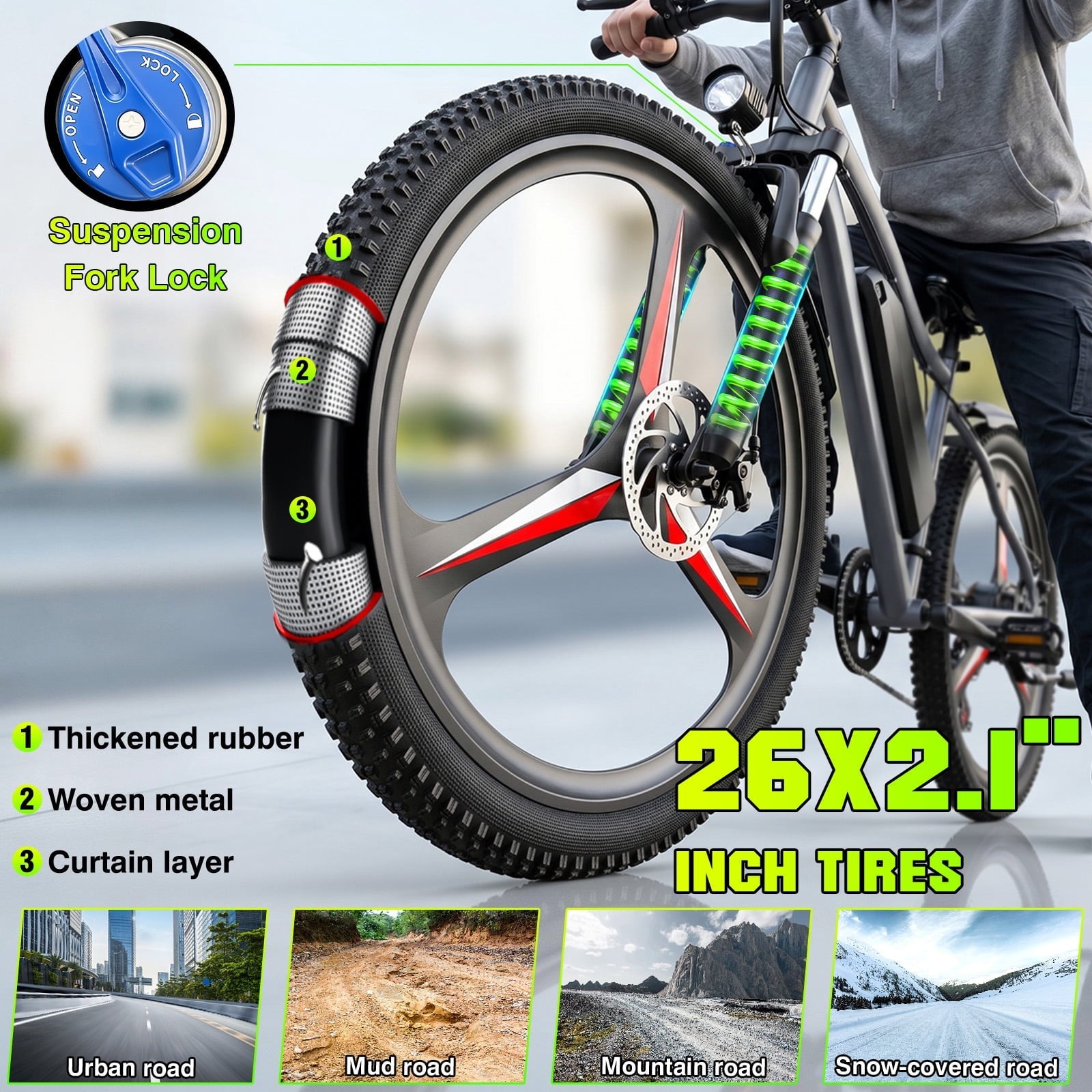 Electric Bike for Adults, 26 Commuter Ebikes with 7-Speed Gears, 25MPH, 720W Peak Motor, Removable Battery, 50 Miles Range, Electric Mountain Bicycle for All Terrain UL2849