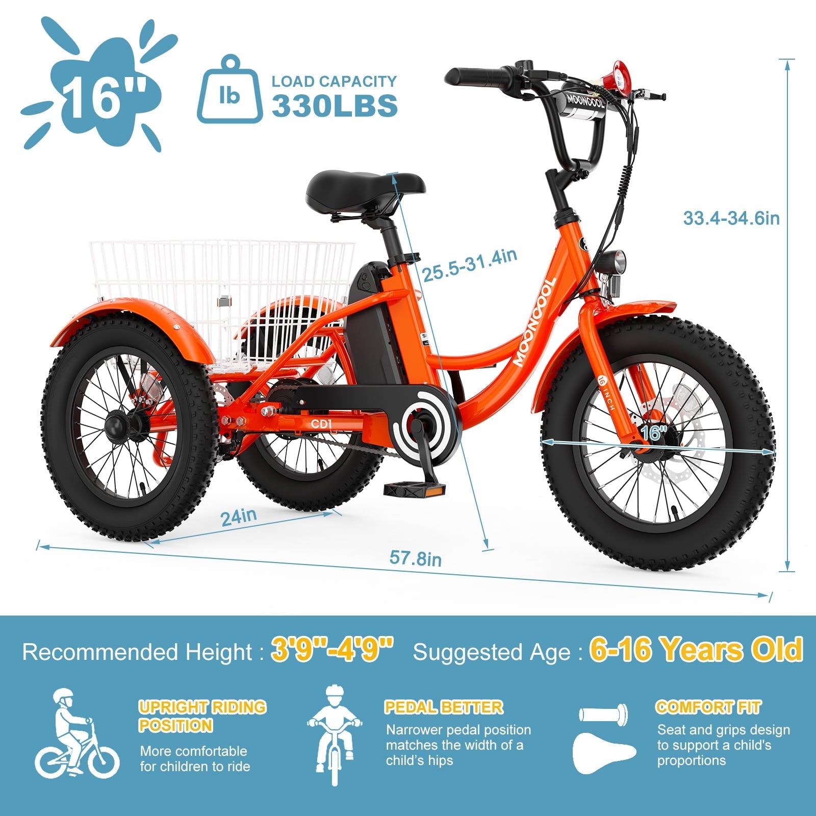 MOONCOOL Electric Tricycle for Kids ,16x3 3 Wheel 250W 10.4Ah Etrike W/ LED headlight & Rear Basket & horn bell & DIY stickers .6/9/12.5 MPH
