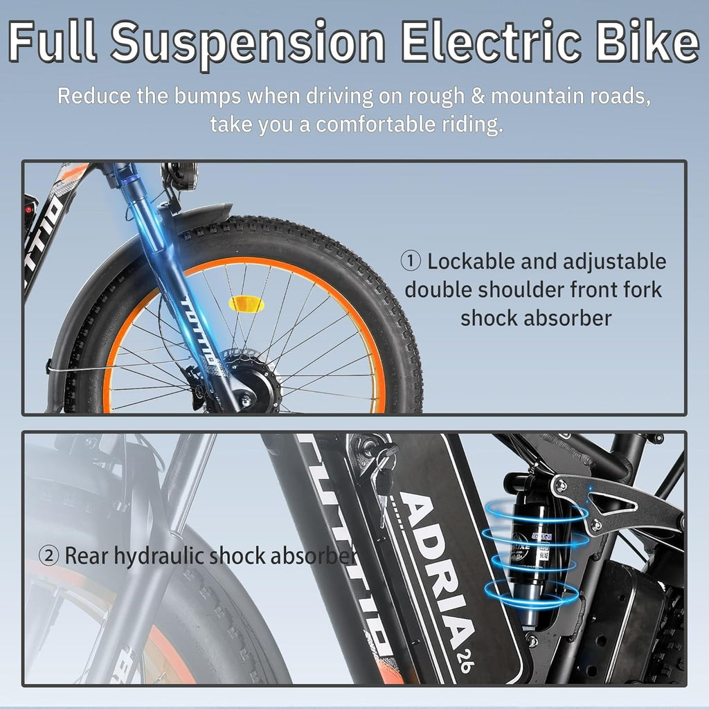 TUTTIO 5000W Dual Motor Electric Bike for Adults Max 46mph, 26x4in Fat Tire All Terrain E-Mountain Bike, 52V 25Ah Full Suspension E Bike, 7-Speed Gear Electric Bicycle UL2849