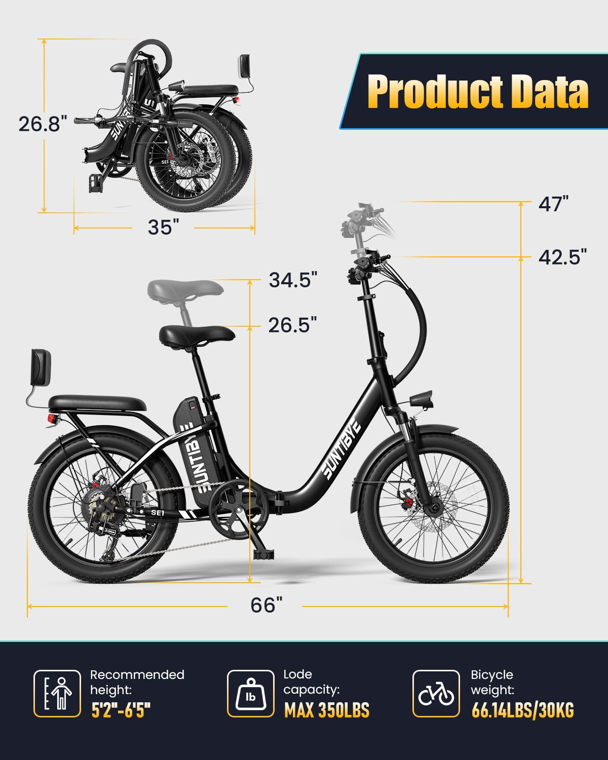 SE1 Folding Electric Bike 1000W 48V 15Ah, 20x3.0 Commuter Ebike with Passenger Seat UL2849
