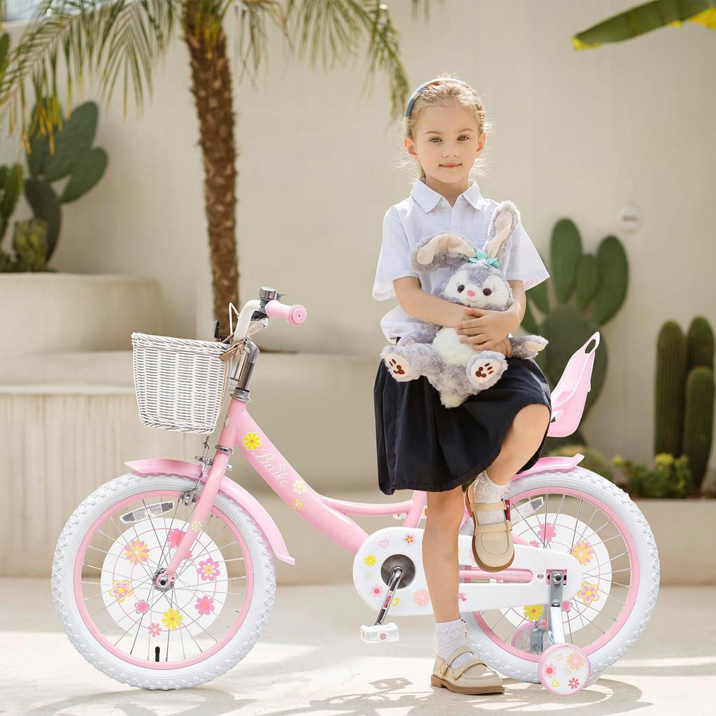 ACEGER 14 Inch Girls Bike with Basket, Training Wheels, Doll Seat, Purple Kids Bicycle for Ages 3-5