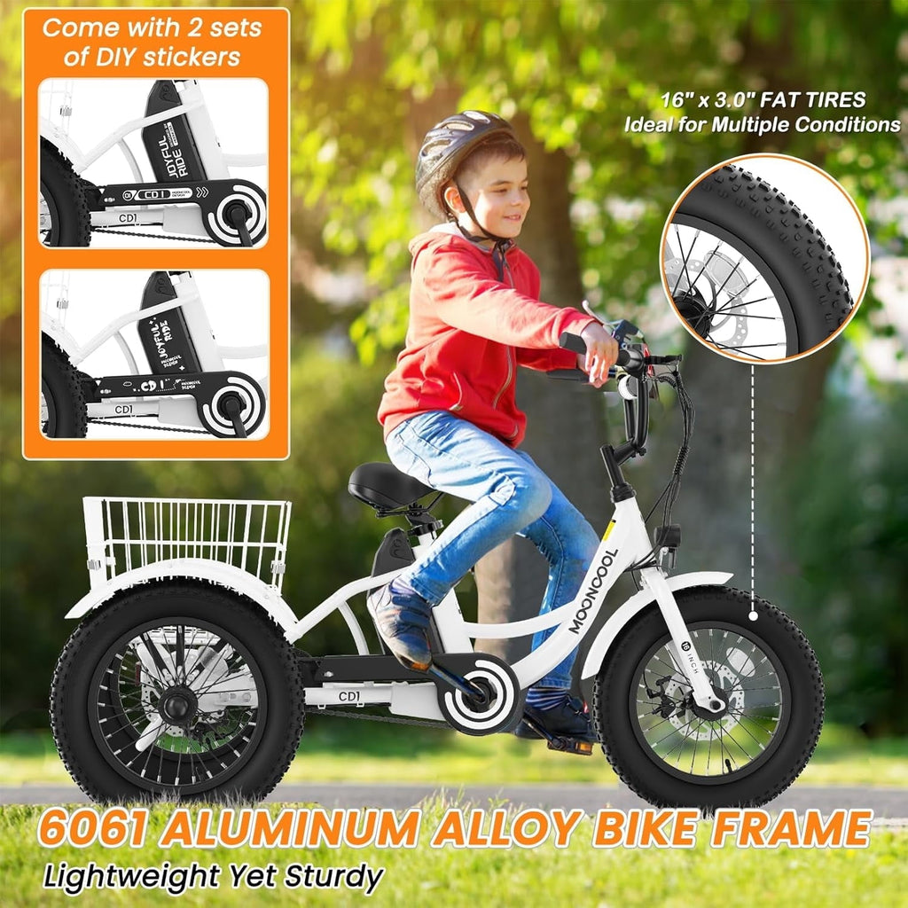 MOONCOOL Electric Tricycle for Kids ,16x3 3 Wheel 250W 10.4Ah Etrike W/ LED headlight & Rear Basket & horn bell & DIY stickers .6/9/12.5 MPH