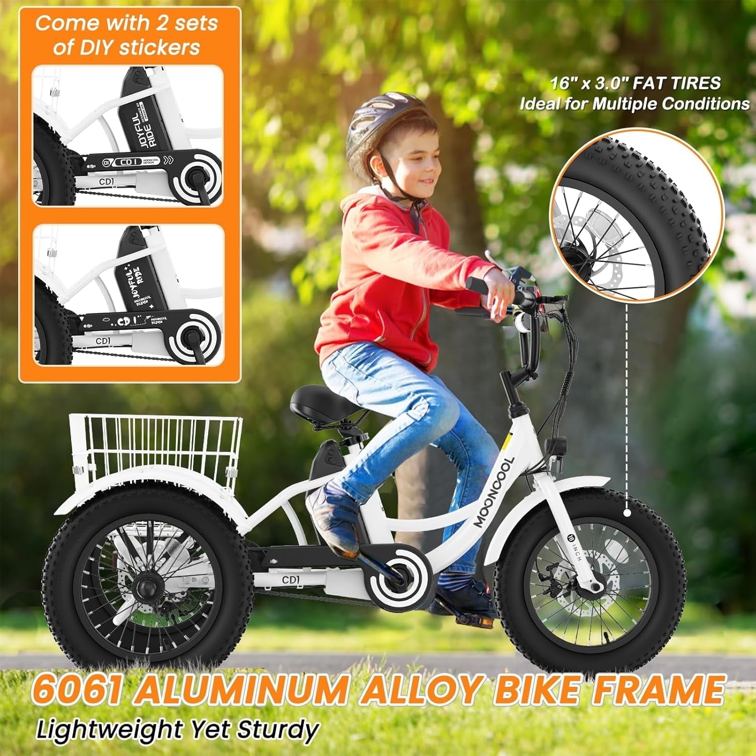 MOONCOOL Electric Tricycle for Kids ,16x3 3 Wheel 250W 10.4Ah Etrike W/ LED headlight & Rear Basket & horn bell & DIY stickers .6/9/12.5 MPH