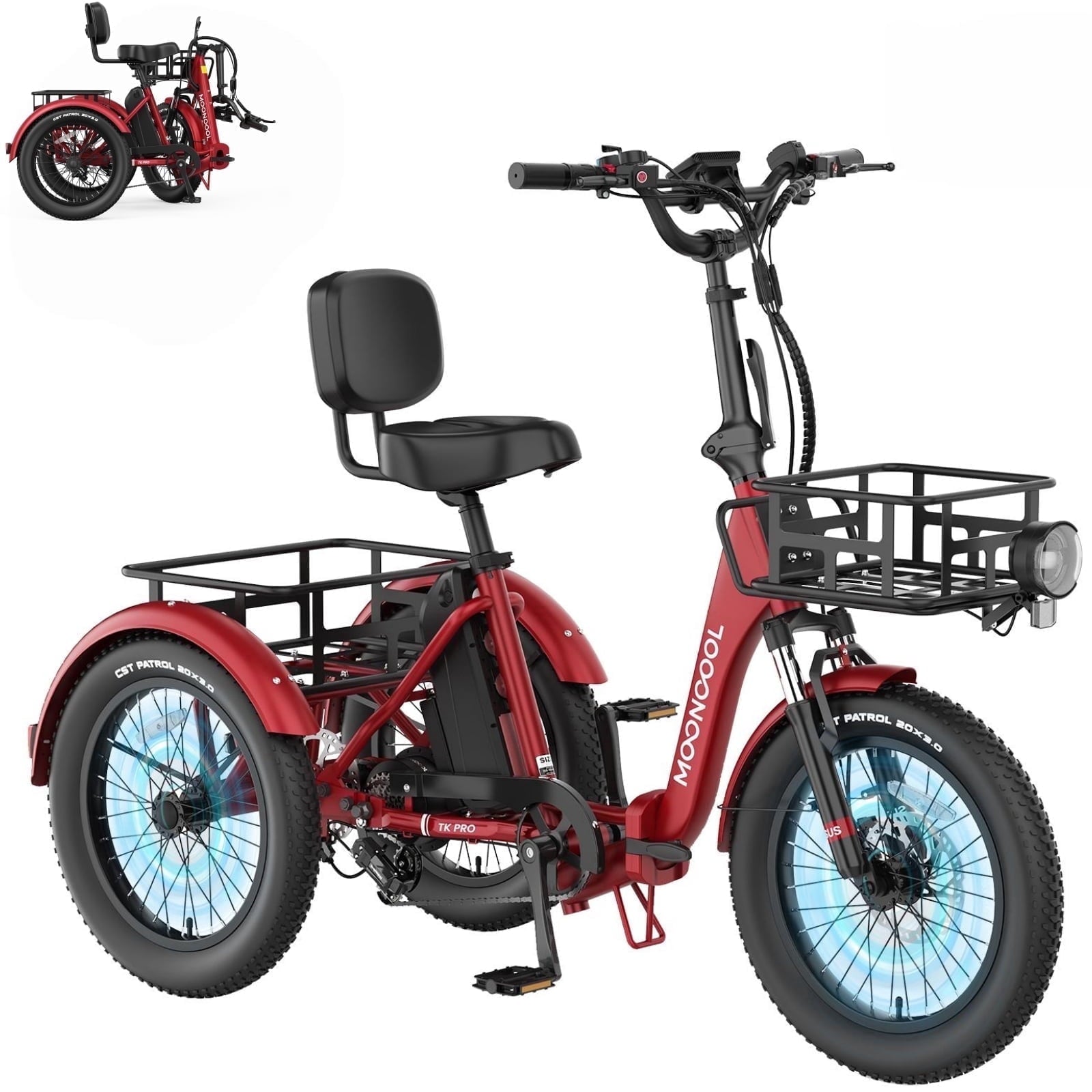 MOONCOOL TK Pro Foldable Electric Tricycle W/ Rearview mirror accessory Kit, 1500W Motor 48V 20Ah Battery, 20 Fat Tire Three Wheel 6-Speed Electric Mountain Bicycle for Adults