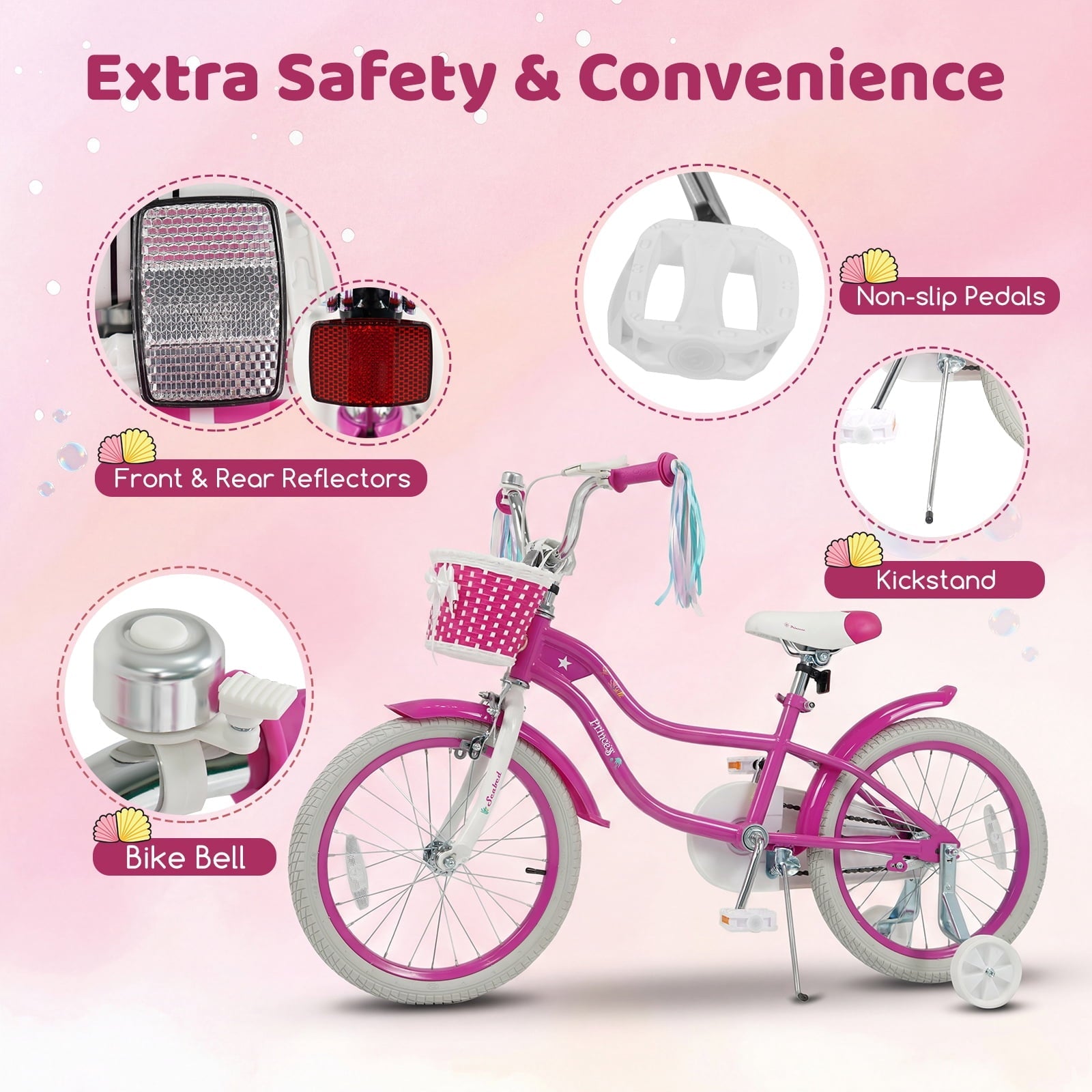 Costway 14 Kids Bike with Training Wheels Hand Coaster Brakes Adjustable Seat Handlebar Pink