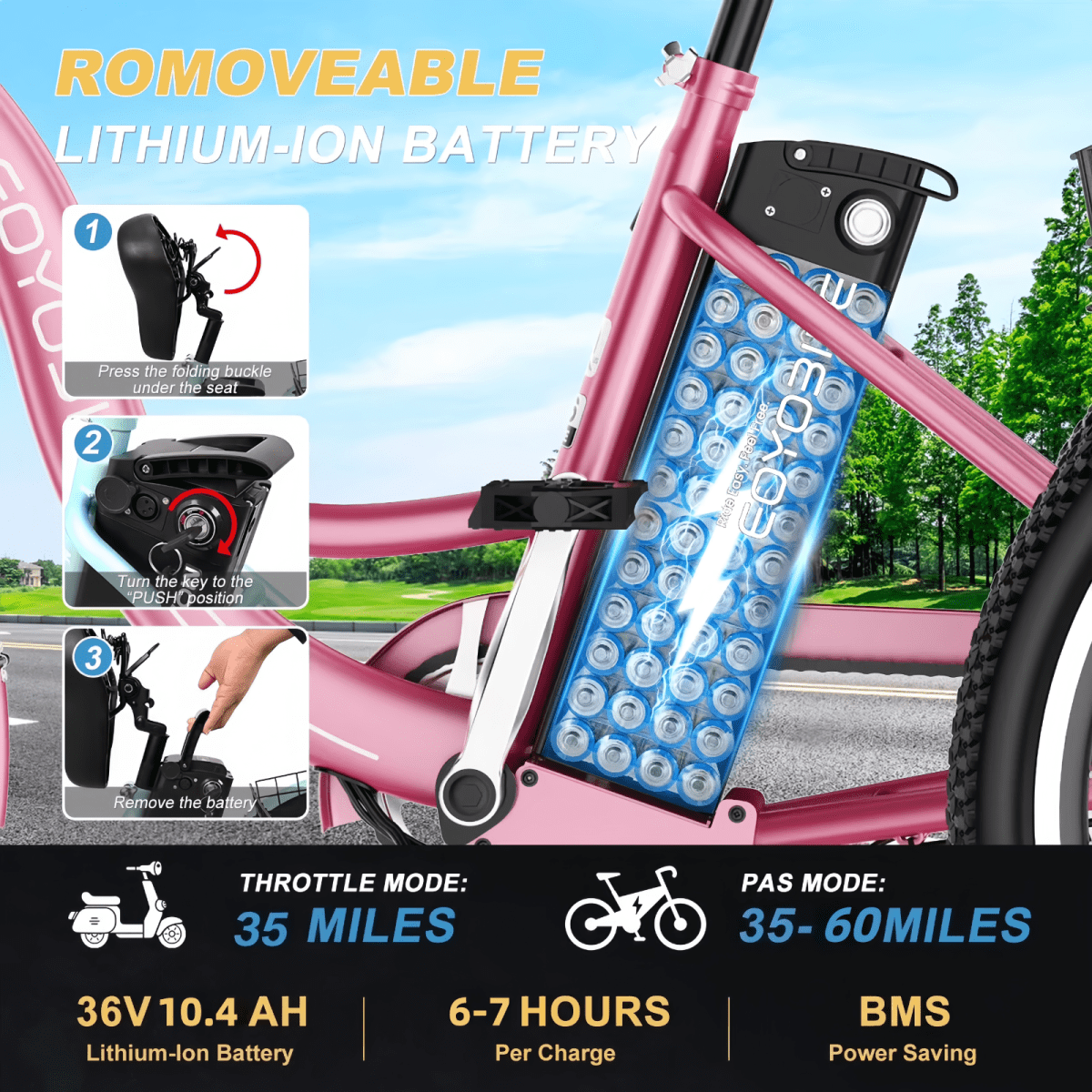 MOONCOOL Electric Trike for Adults w/ Rearview Mirror kit, 700W Peak Motor 10.4Ah battery .24/26 7 Speeds 3 Wheels Low Step Through Unisex Electric Trikes .35-60Miles